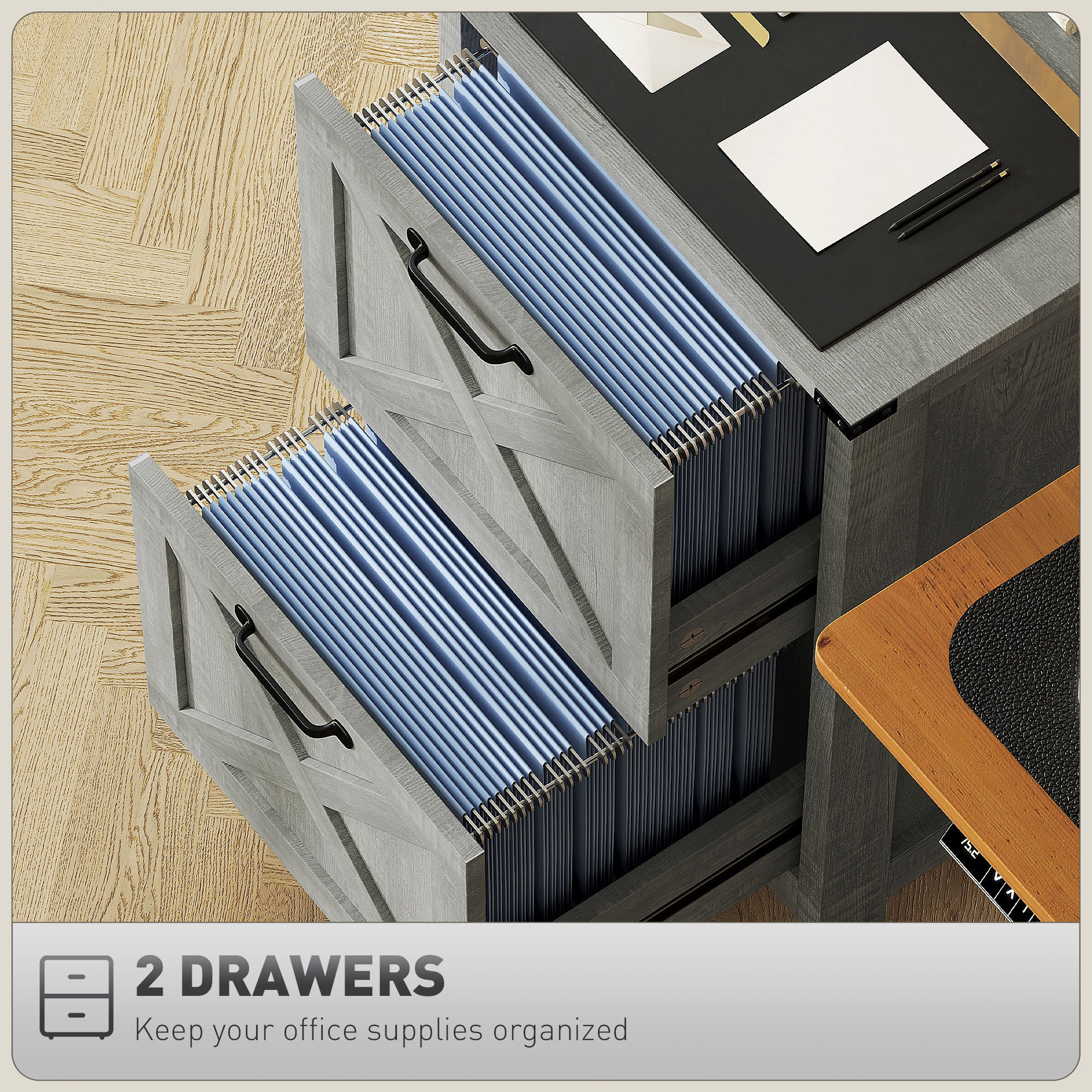 Vertical Filing Cabinet with 2 Drawers, Rustic Farmhouse Office Storage Cabinet for A4, Letter Size, Stone Grey Office Cabinets & Cupboards at Gallery Canada