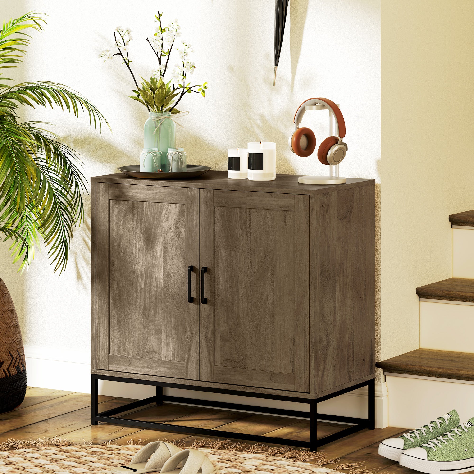 Kitchen Storage Cabinet, Wood Effect Sideboard Buffet Cabinet with Adjustable Shelf and 2 Doors, Nature Wood Storage Cabinets at Gallery Canada