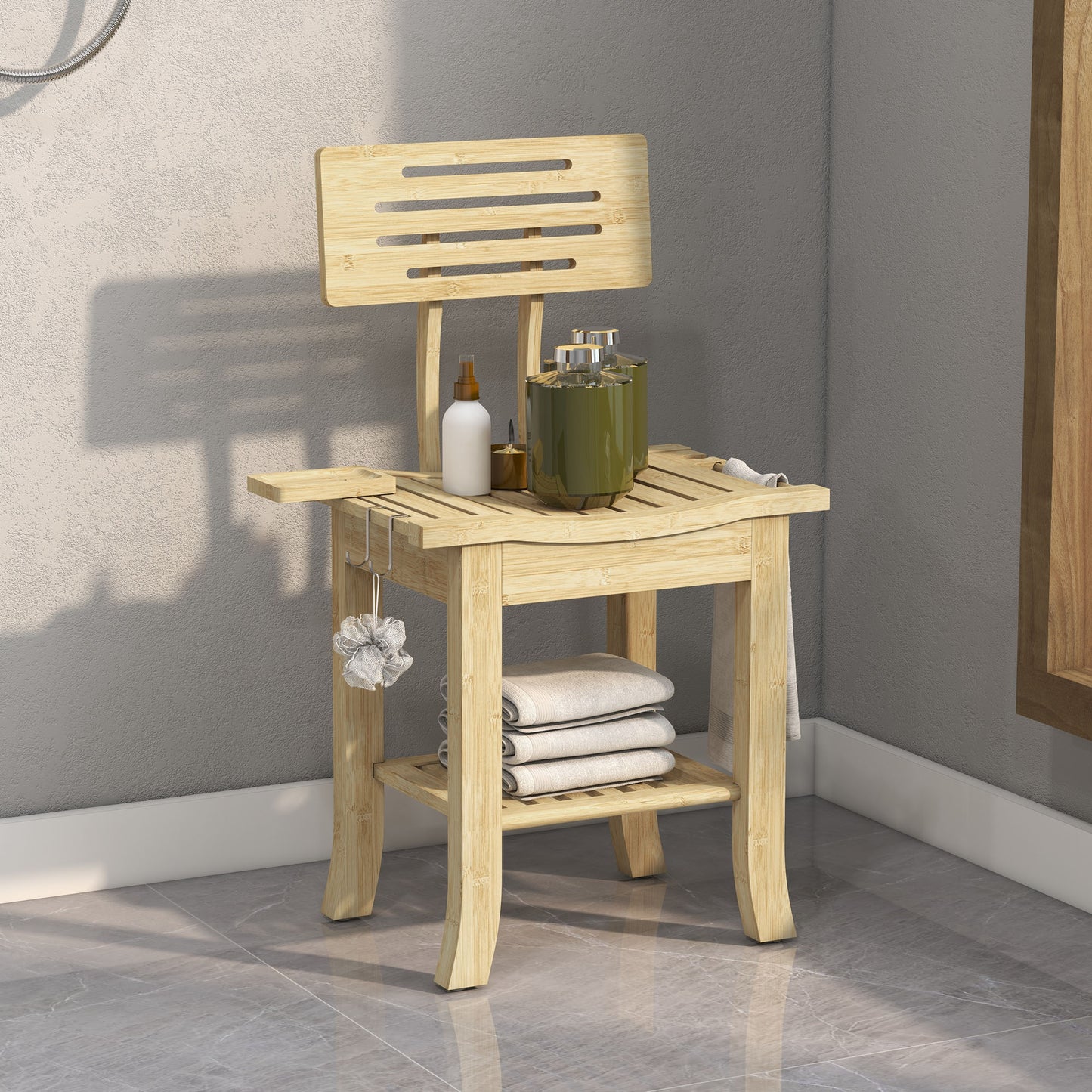 Bathroom Bench with Back, Bamboo Shower Bench with Towel Rack, Shower Head Holder and Soap Dish, Natural Wood Bath Chairs Natural at Gallery Canada