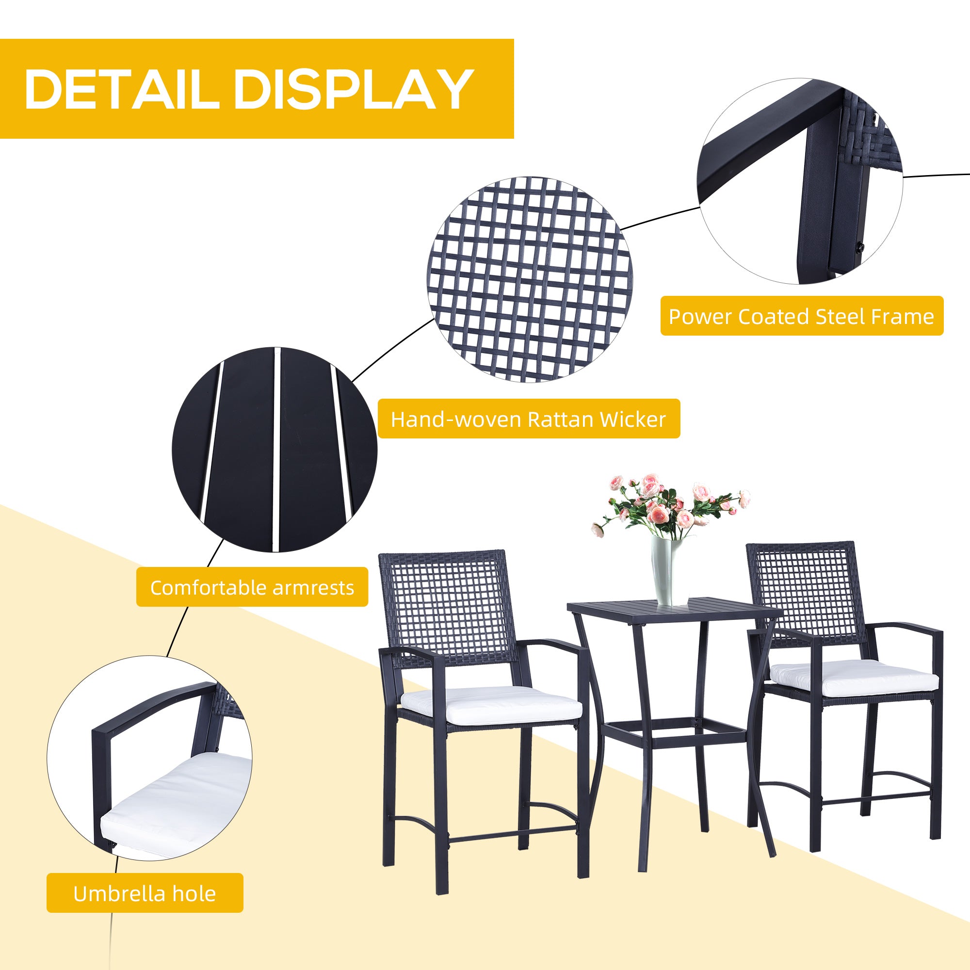 3 Pieces Outdoor Wicker Bar Set, Classic Bistro Bar Set Garden Rattan Style Patio Bar Table &; High Chairs w/ Cushions Home Bar Furniture, Cream White Bistro Sets at Gallery Canada