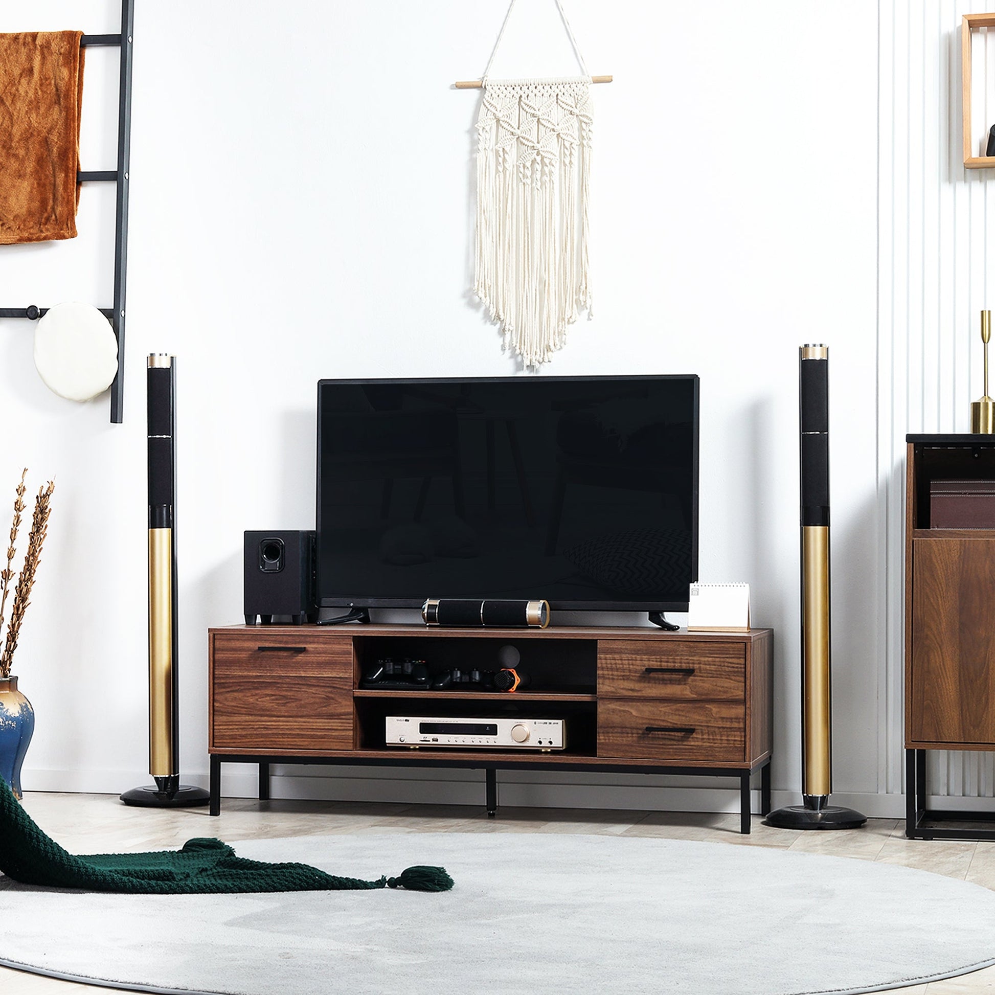 TV Stand for TV up to 50 Inches, TV Cabinet with Door, Open Storage and Drawers, TV Table with Steel Legs, Dark Walunt TV Stands   at Gallery Canada