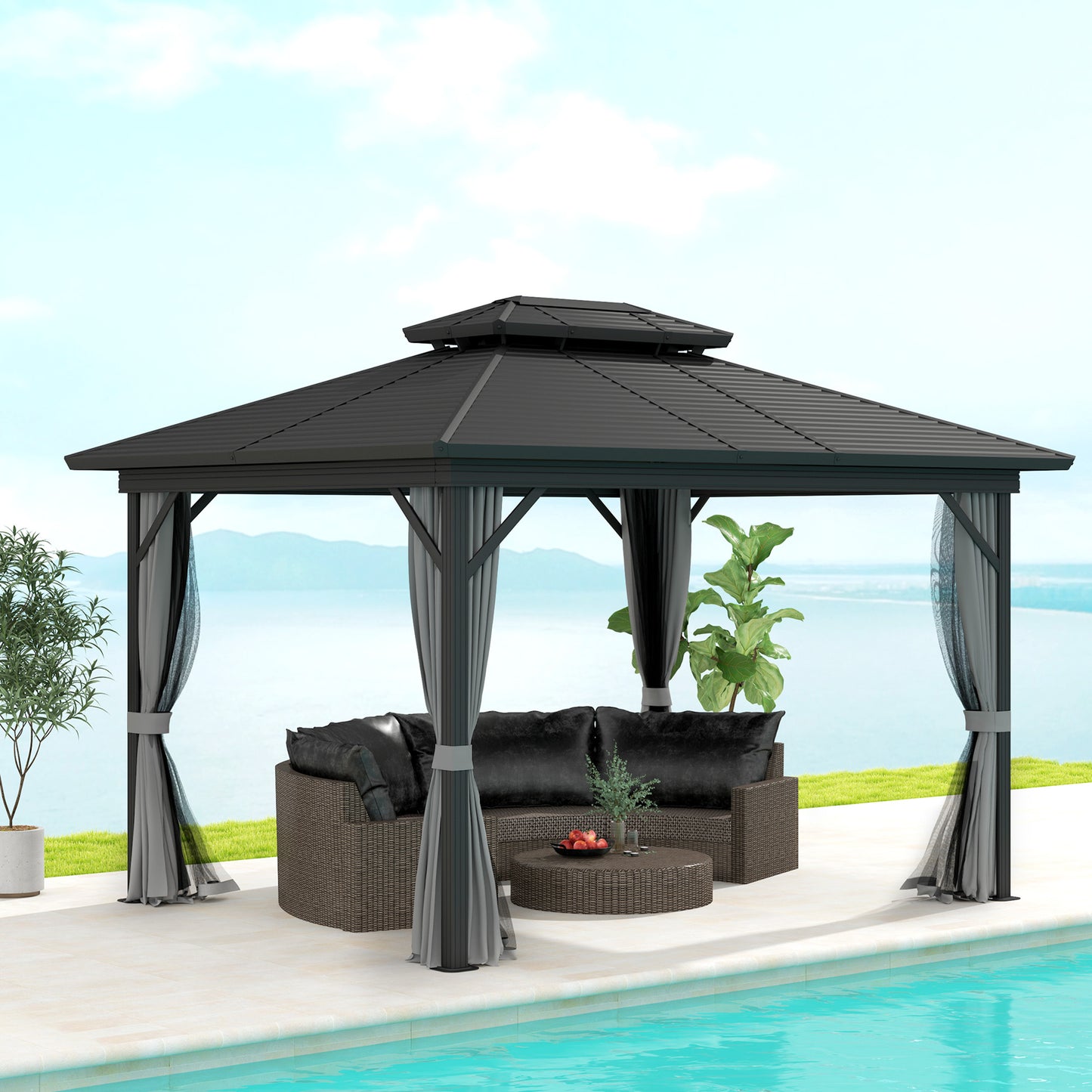 10' x 12' Hardtop Gazebo, Sun Shelter with Double Tier Metal Roof, Mosquito Netting, and Hanging Hook, Light Grey Gazebos Light Grey at Gallery Canada