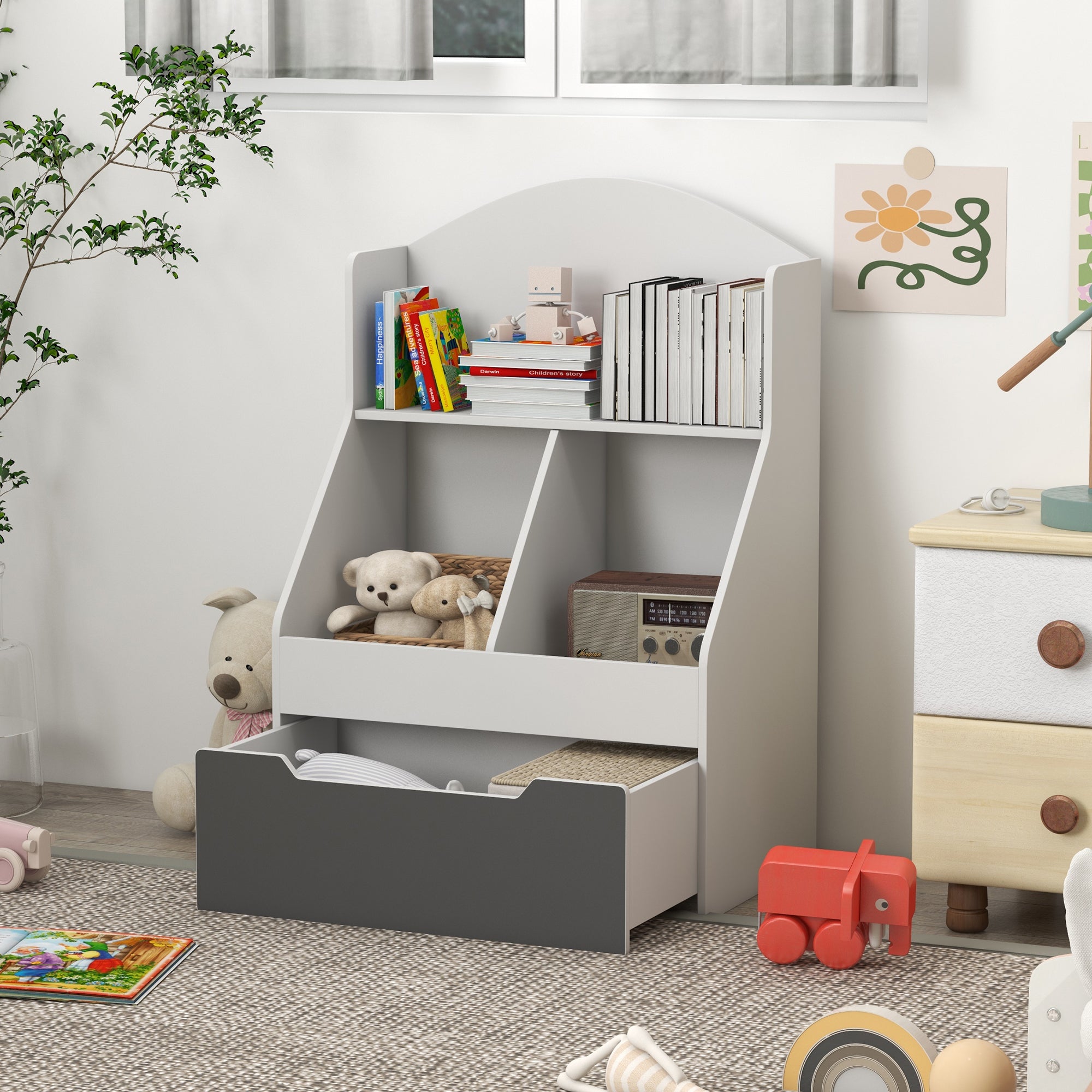 3 Tier Kids Bookcase with Drawer, 2 Storage Compartment, for Nursery, Playroom, Bedroom, Classroom, White Baby & Kids Storage   at Gallery Canada