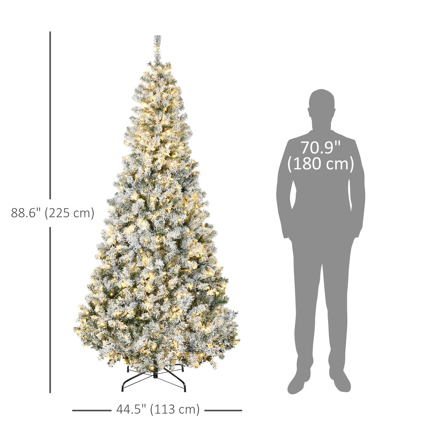 7.5ft Artificial Prelit Christmas Tree with Warm White LED Light, Snow Flocked Branches, Metal Base, Xmas Tree Pre Lit Christmas Trees Green  at Gallery Canada