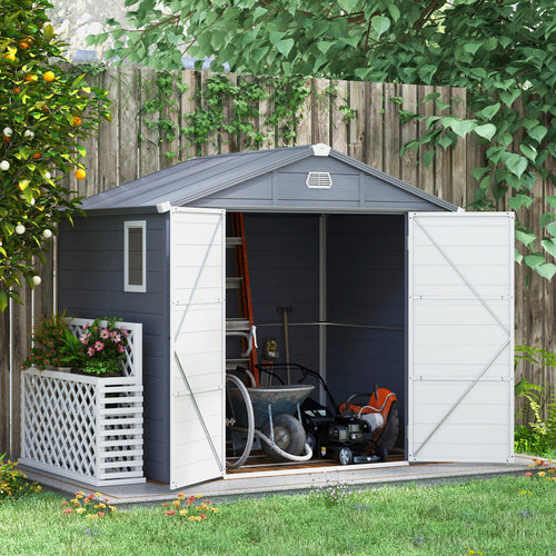 8' x 6' Plastic Garden Storage Shed with Latch Door, Vents, Sloped Roof, Dark Grey