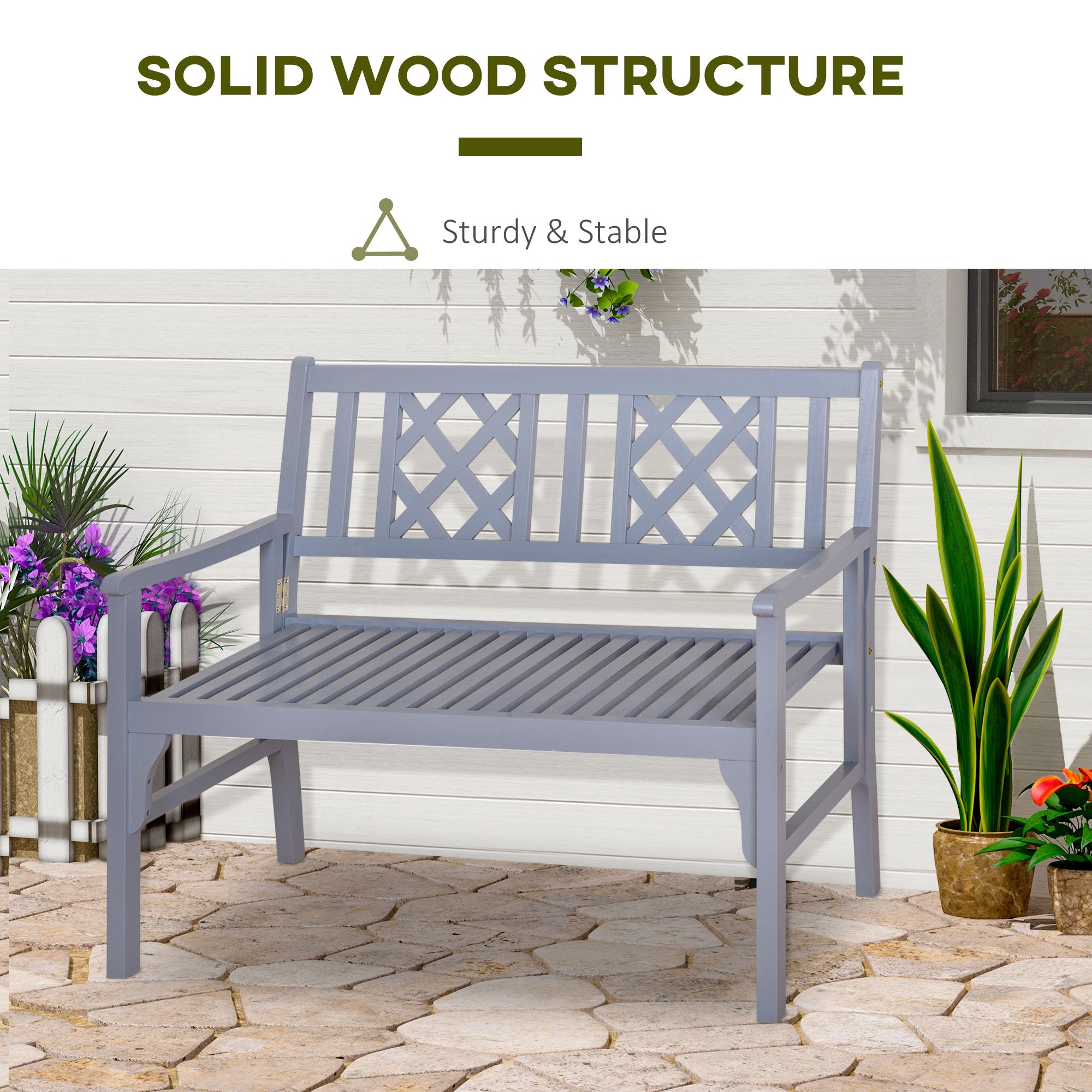 Foldable Garden Bench, 2-Seater Patio Wooden Bench, Loveseat Chair with Backrest and Armrest for Patio, Porch or Balcony, Grey Outdoor Benches at Gallery Canada