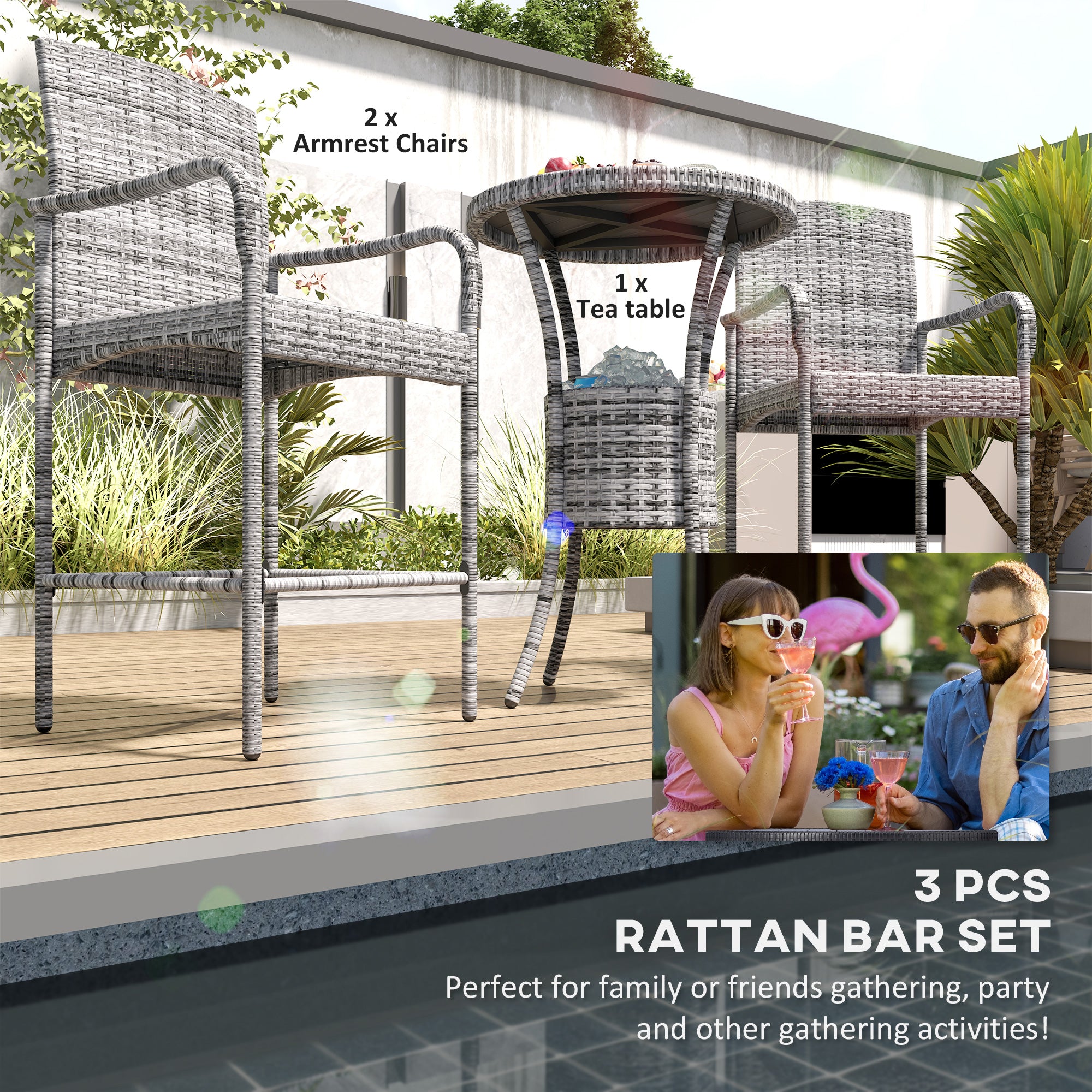 3 Pieces Patio Bar Set, Rattan Bistro Table and Chairs, Outdoor Conversation Furniture Set with Ice Bucket, Mixed Grey Bistro Sets at Gallery Canada