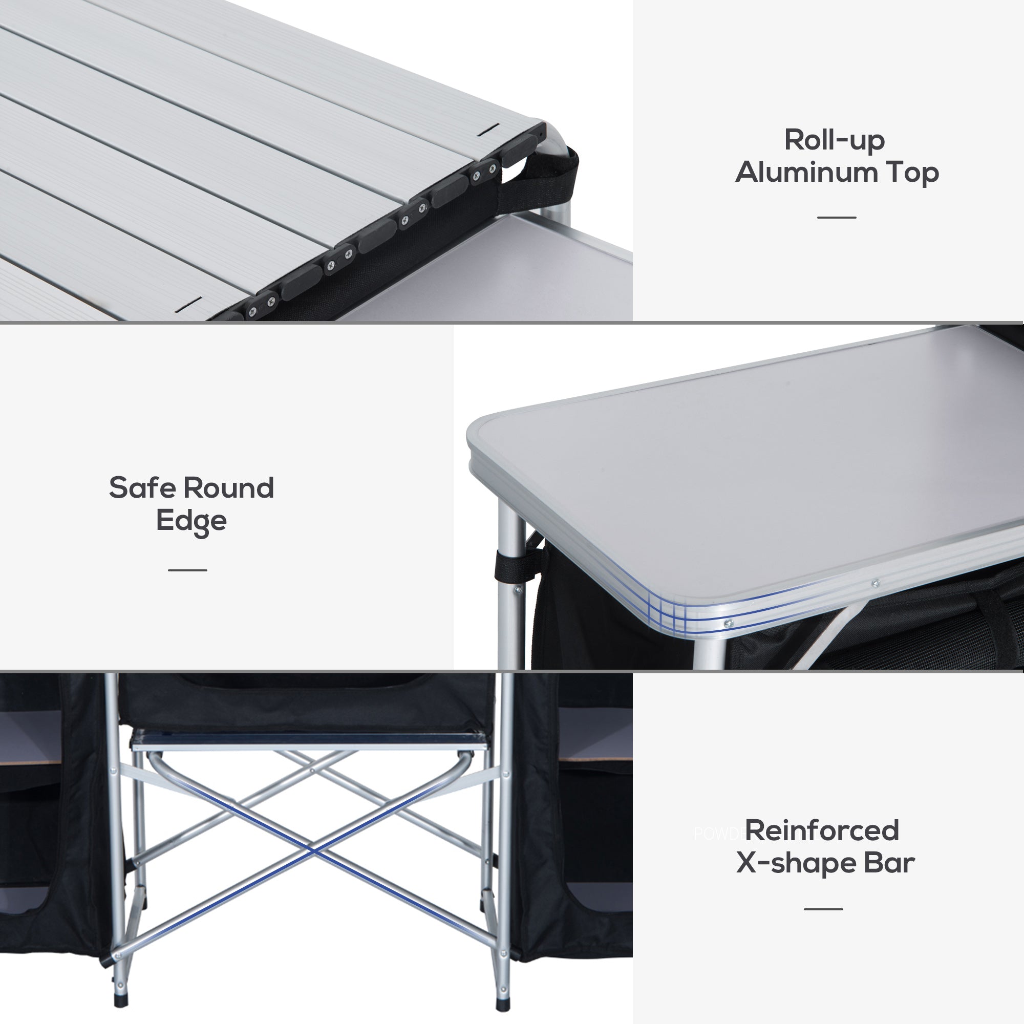 Folding Camping Kitchen Table with Carrying Bag, Windscreen and 3 Enclosed Cupboards, Aluminum Cook Station, Black Picnic Tables & Camping Chairs at Gallery Canada