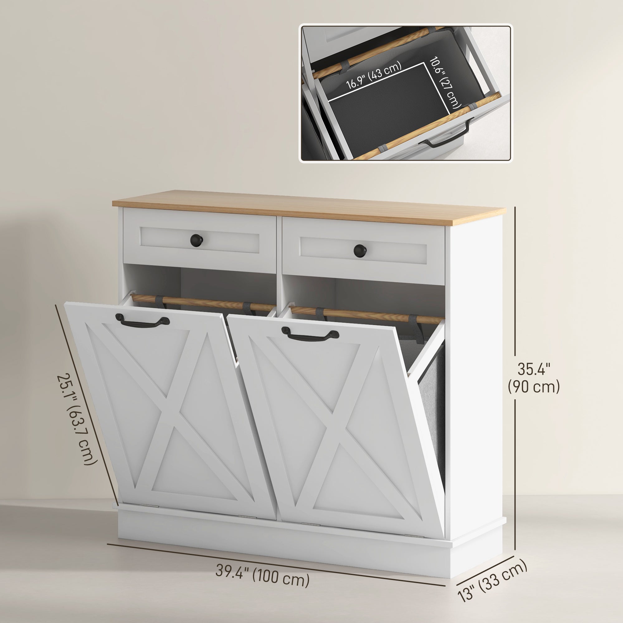 Tilt Out Laundry Cabinet, Bathroom Storage Cabinet with 2 Removable Baskets and 2 Drawers, White Bathroom Cabinets   at Gallery Canada