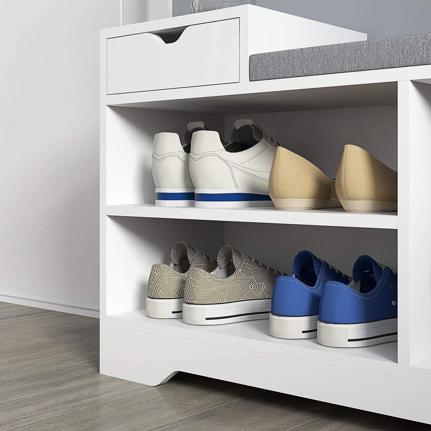 Upholstered Shoe Storage Bench, Shoe Storage with Seat, Entrance Bench with Drawer and 3 Open Shelves for Hallway Shoe Storage Cabinets & Racks   at Gallery Canada