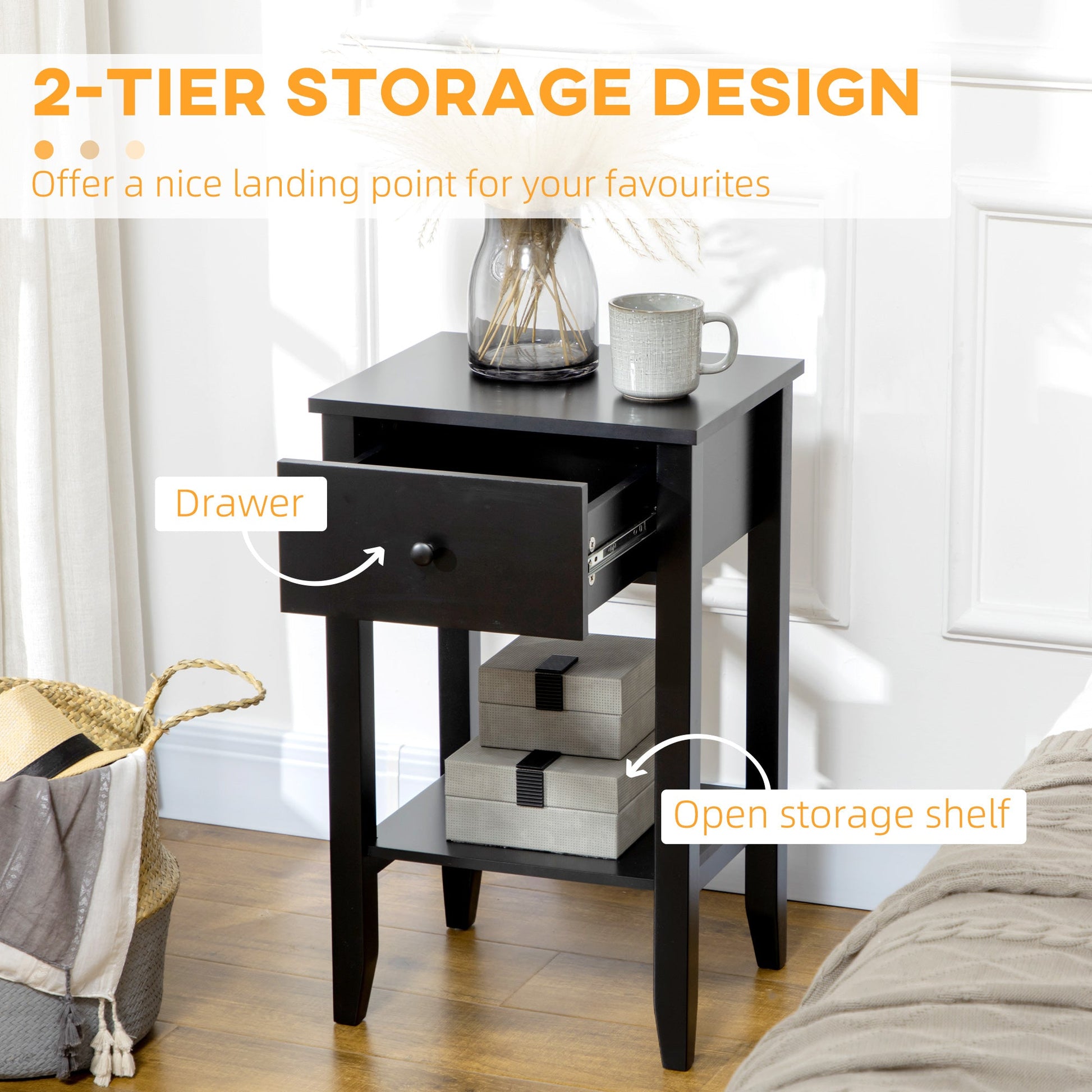 Side Table Set of 2, End Tables with Drawer and Bottom Shelf, 2-tier Nightstand for Bedroom, Living Room, Black Side Tables   at Gallery Canada