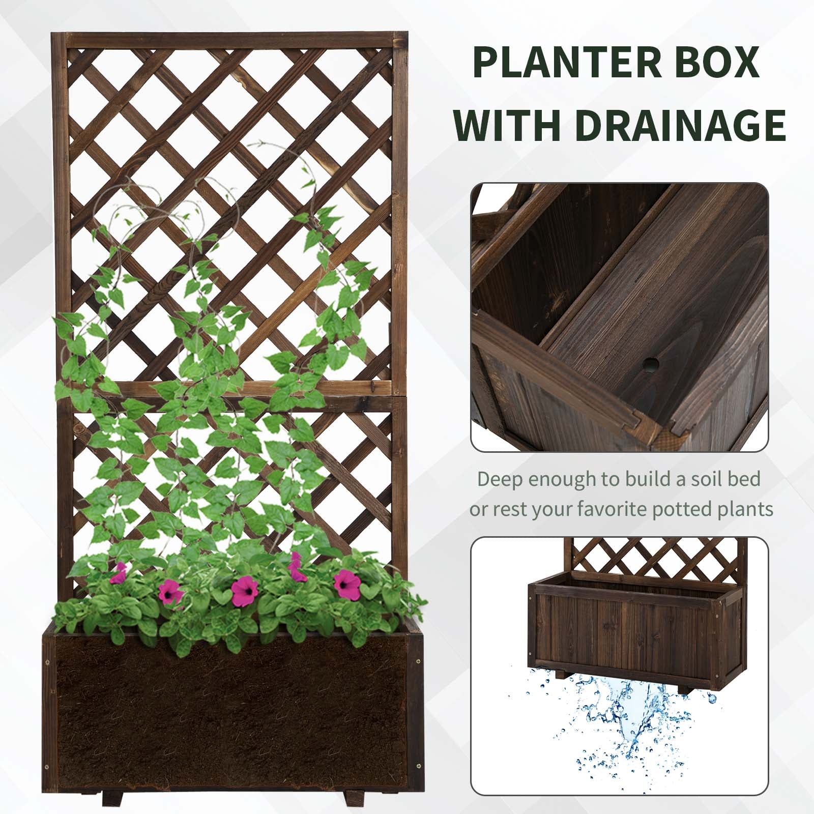 2.4 x 1 x 4.9 ft Garden Wooden Pine Trough Planter with Topped Trellis Climbing Plants Flower Raised Bed, Carbonized Wooden Planter Boxes at Gallery Canada