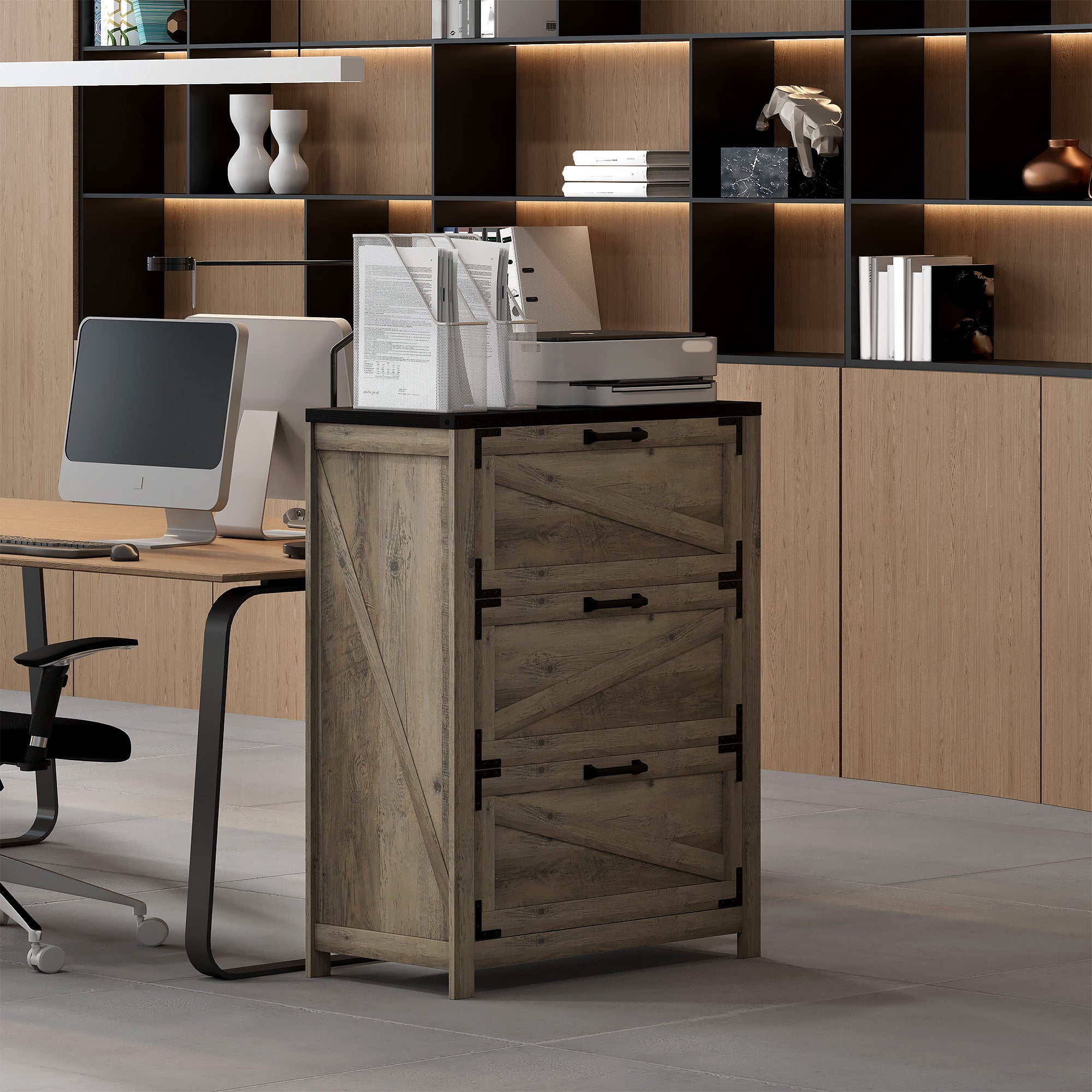 3 Drawer Filing Cabinet, Farmhouse Office Storage Cabinet with Adjustable Hanging Bars for Letter, A4, Legal Size, Grey Office Cabinets & Cupboards at Gallery Canada