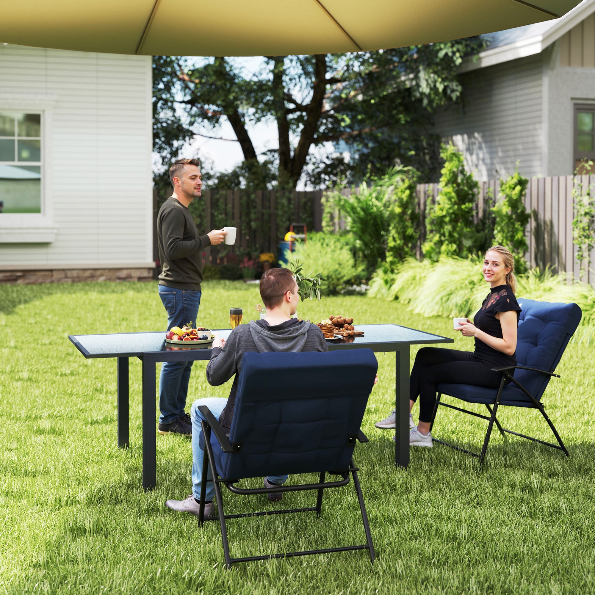 Set of 2 Foldable Lawn Chairs with Adjustable Backrest Padded Folding Camping Chairs for Outdoor Blue Patio Chairs at Gallery Canada