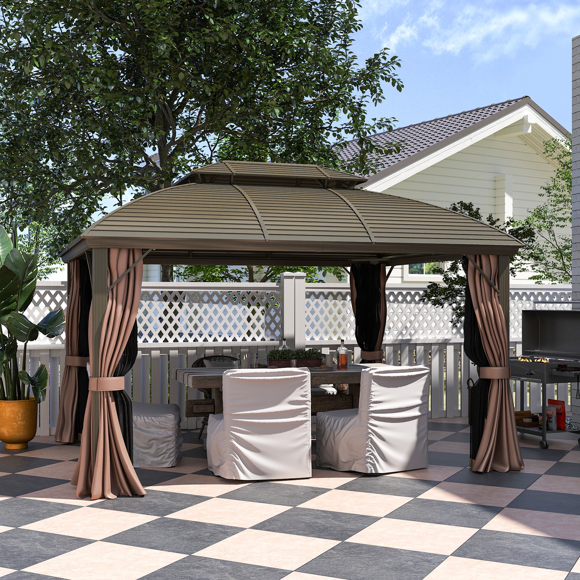 10' x 12' Hardtop Gazebo Canopy with Double Roof, Netting and Curtains for Garden, Backyard, Deck, Coffee Gazebos at Gallery Canada