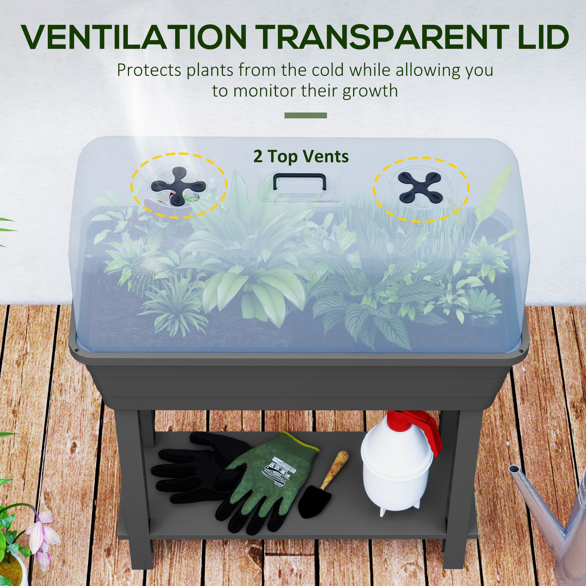 41L Self Watering Raised Garden Bed w/ Ventilation Transparent Lid Greenhouse, Planter Box w/ Storage Shelf, Dark Grey Raised Garden Beds at Gallery Canada