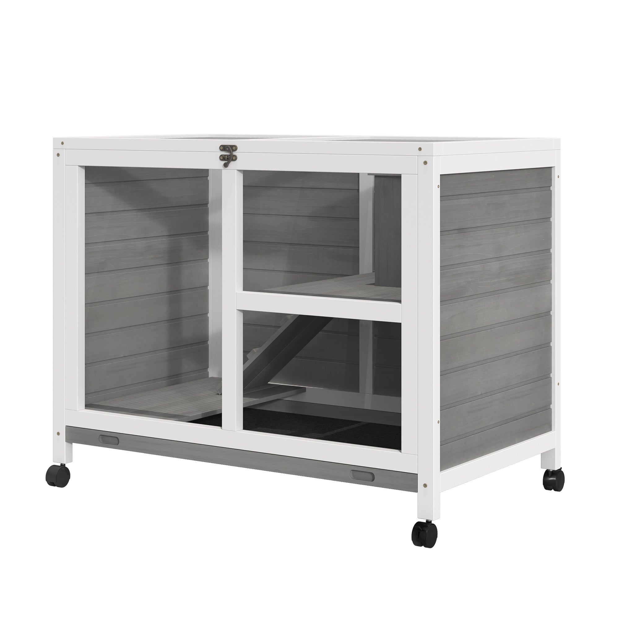 Indoor Rabbit Hutch with Wheels, Bunny Cage Guinea Pig House W/ Top Access, Ramp, Pull Out Tray, Grey Rabbit Hutch at Gallery Canada
