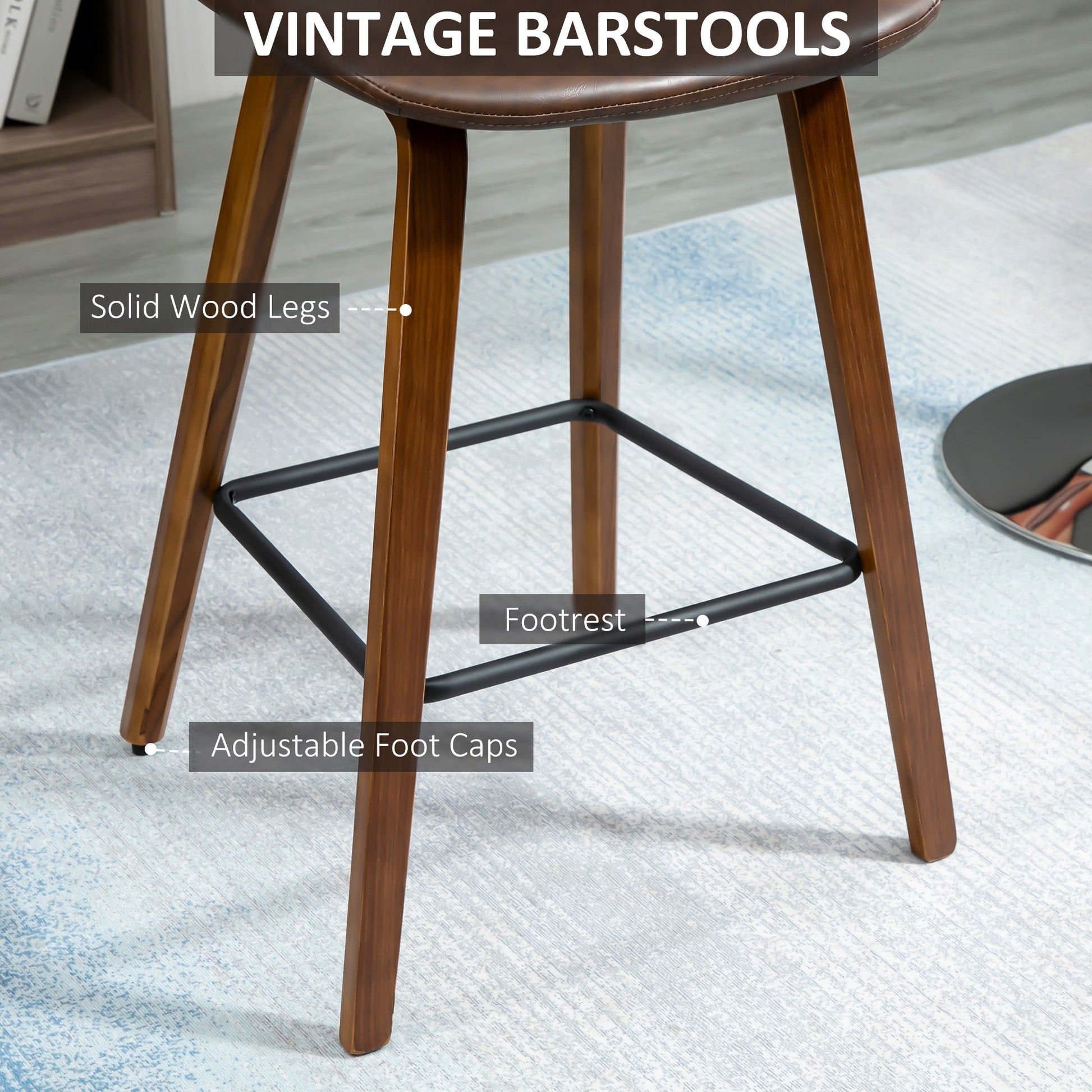 Counter Height Bar stools Set of 2 Mid-Back PU Leather Bar Chairs with Wood Legs, Brown Bar Stools   at Gallery Canada