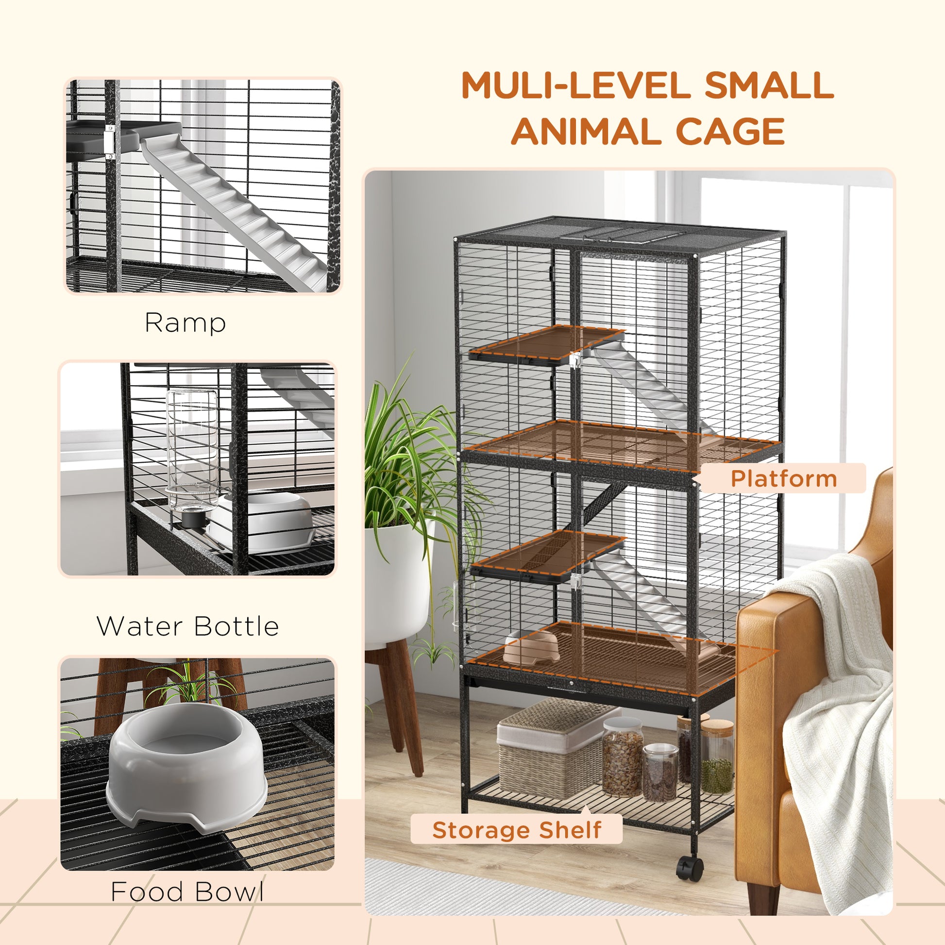 Rolling Small Animal Cage 53.5"H Chinchilla Cage for Ferrets, Squirrels w/ Removable Tray, Storage Shelf, Dark Grey Houses & Habitats   at Gallery Canada