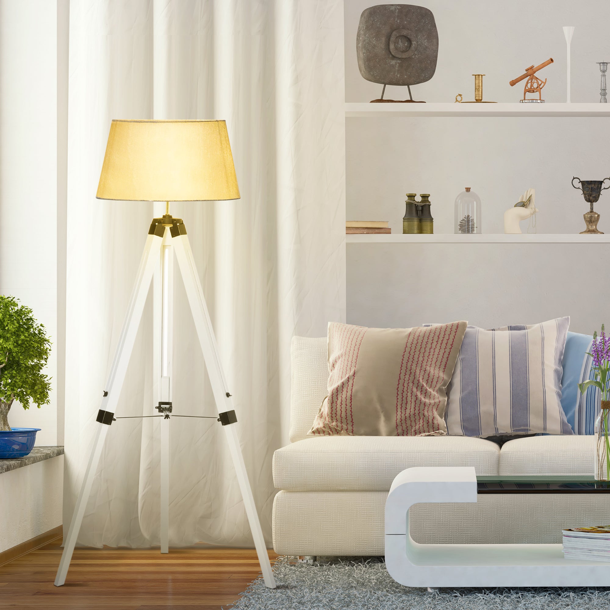 Tripod Floor Lamp, Adjustable Height Wooden Standing Lamp with E26 Lamp Base for Living Room, Bedroom, White and Grey Floor Lamps & Ceiling Fan Lights at Gallery Canada