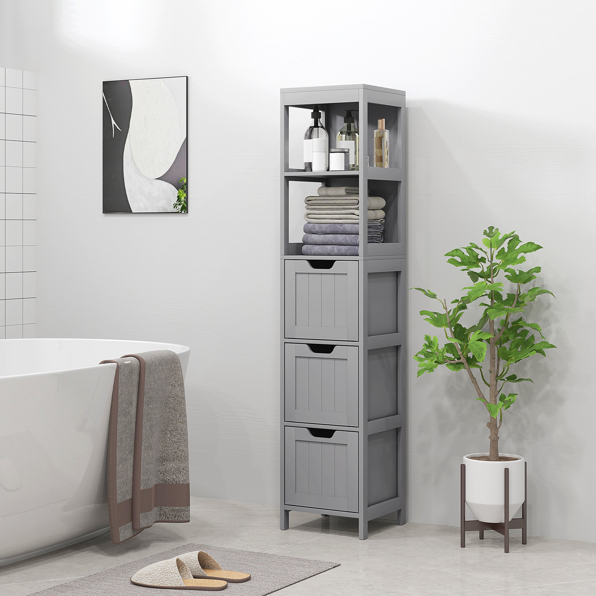 Narrow Bathroom Cabinet with 3 Drawers and 2 Tier Shelf, Tall Cupboard Freestanding Linen Tower, Grey Bathroom Cabinets Grey  at Gallery Canada