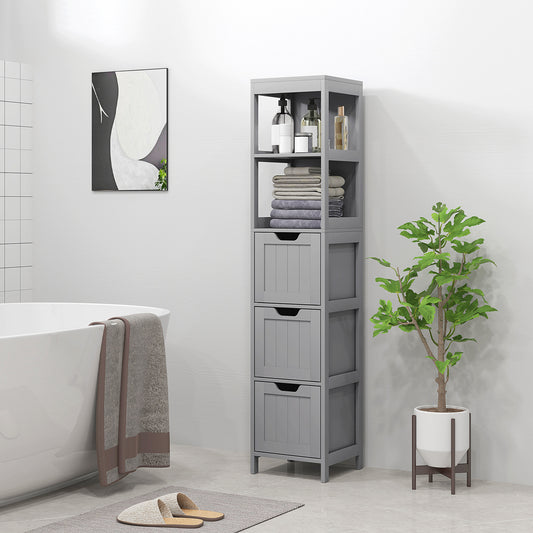 Narrow Bathroom Cabinet with 3 Drawers and 2 Tier Shelf, Tall Cupboard Freestanding Linen Tower, Grey Bathroom Cabinets   at Gallery Canada