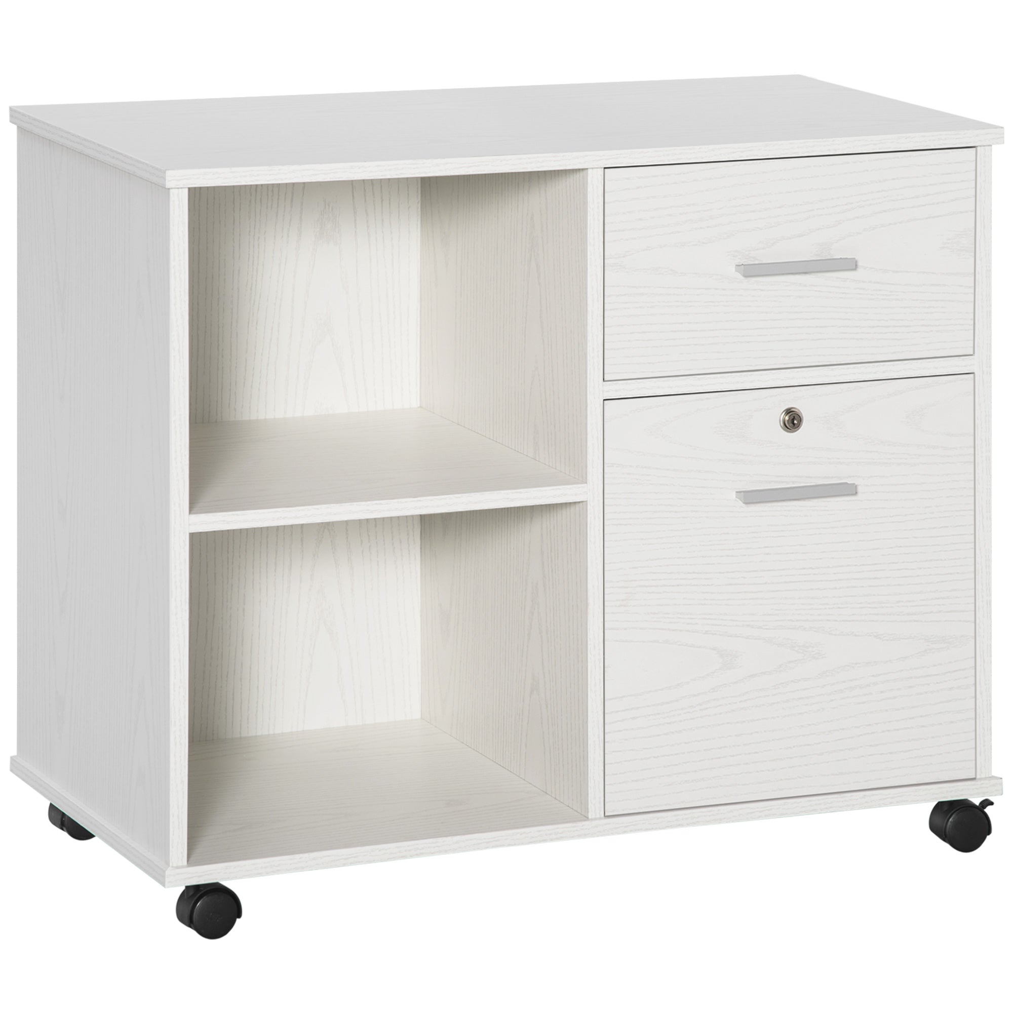 Lateral Filing Cabinet with Wheels, Locking File Cabinet, Mobile Printer Stand with Open Shelves and Drawers for A4 Size Documents, White Office Cabinets & Cupboards White Wood Grain at Gallery Canada