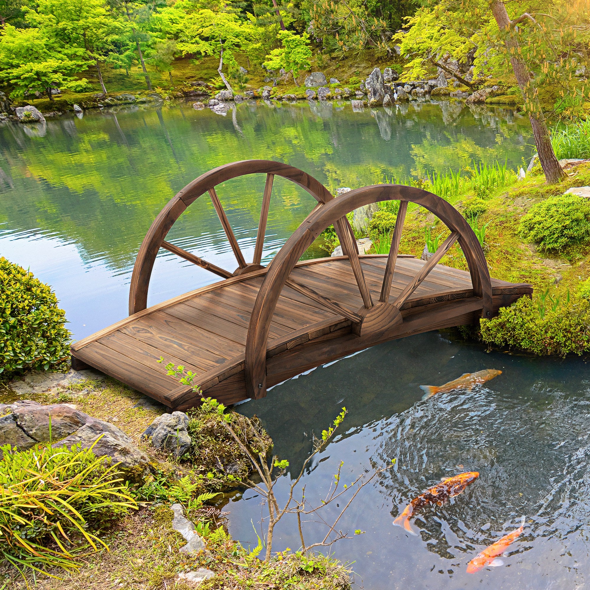 3.3ft Wooden Garden Bridge Arc Stained Finish Walkway with Half Wheeled Railings, Stained Wood Garden Bridges at Gallery Canada