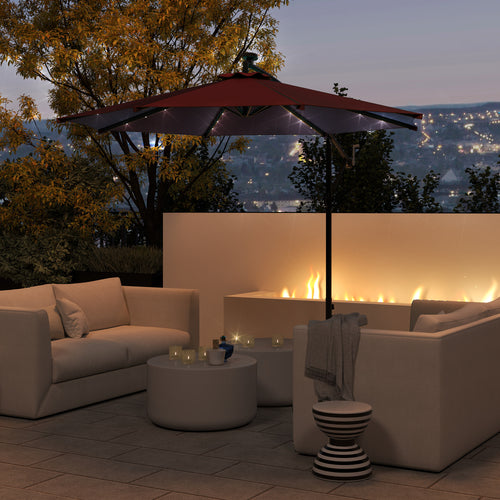 10ft Outdoor Cantilever Umbrella Banana Umbrella with Solar Lights and Adjustable Angle for Patio Backyard Wine Red