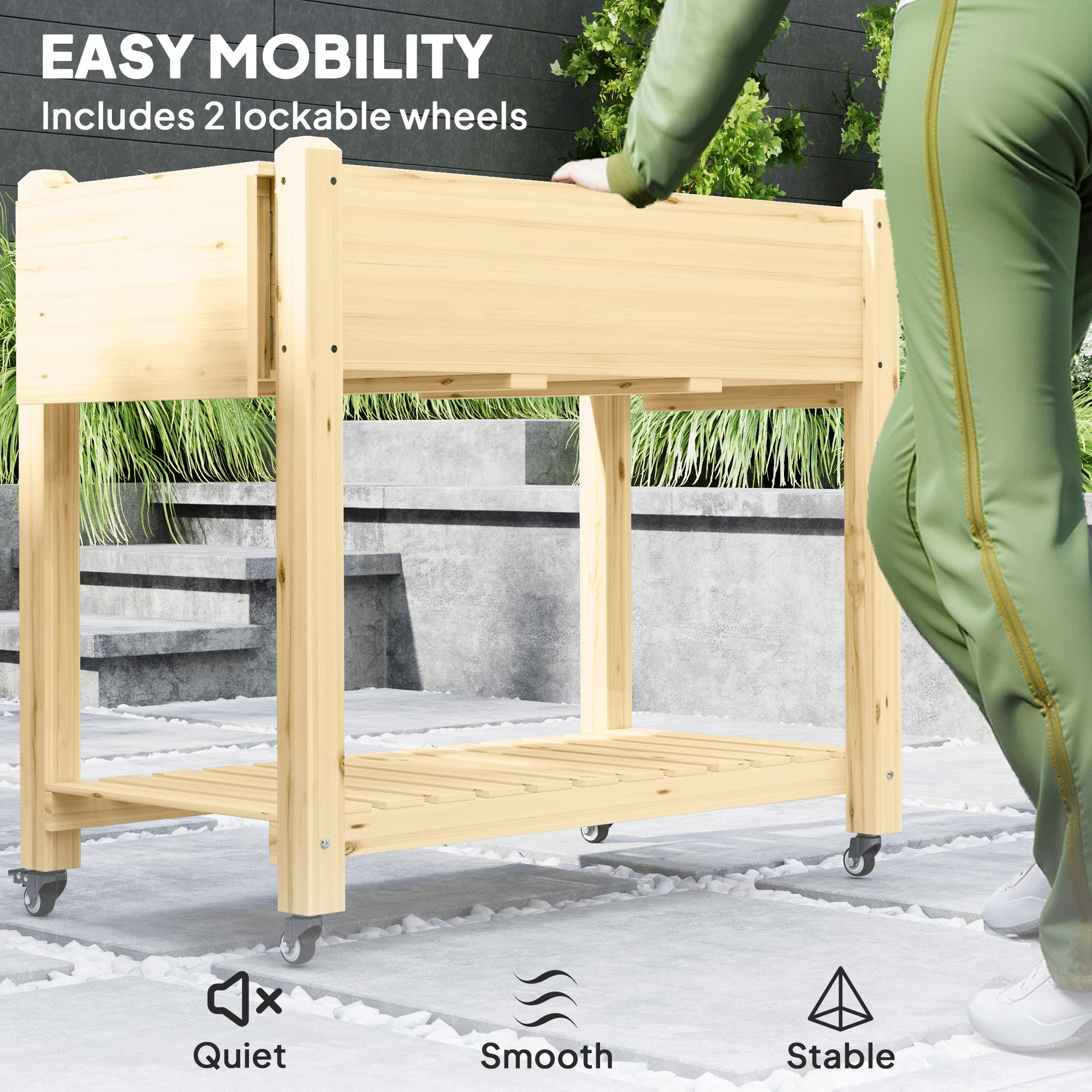 Raised Garden Bed, Wood Planter Box with Lockable Wheels, Side Tables, Bottom Shelf, Bed Liner, Drain Holes, Natural Raised Garden Beds at Gallery Canada