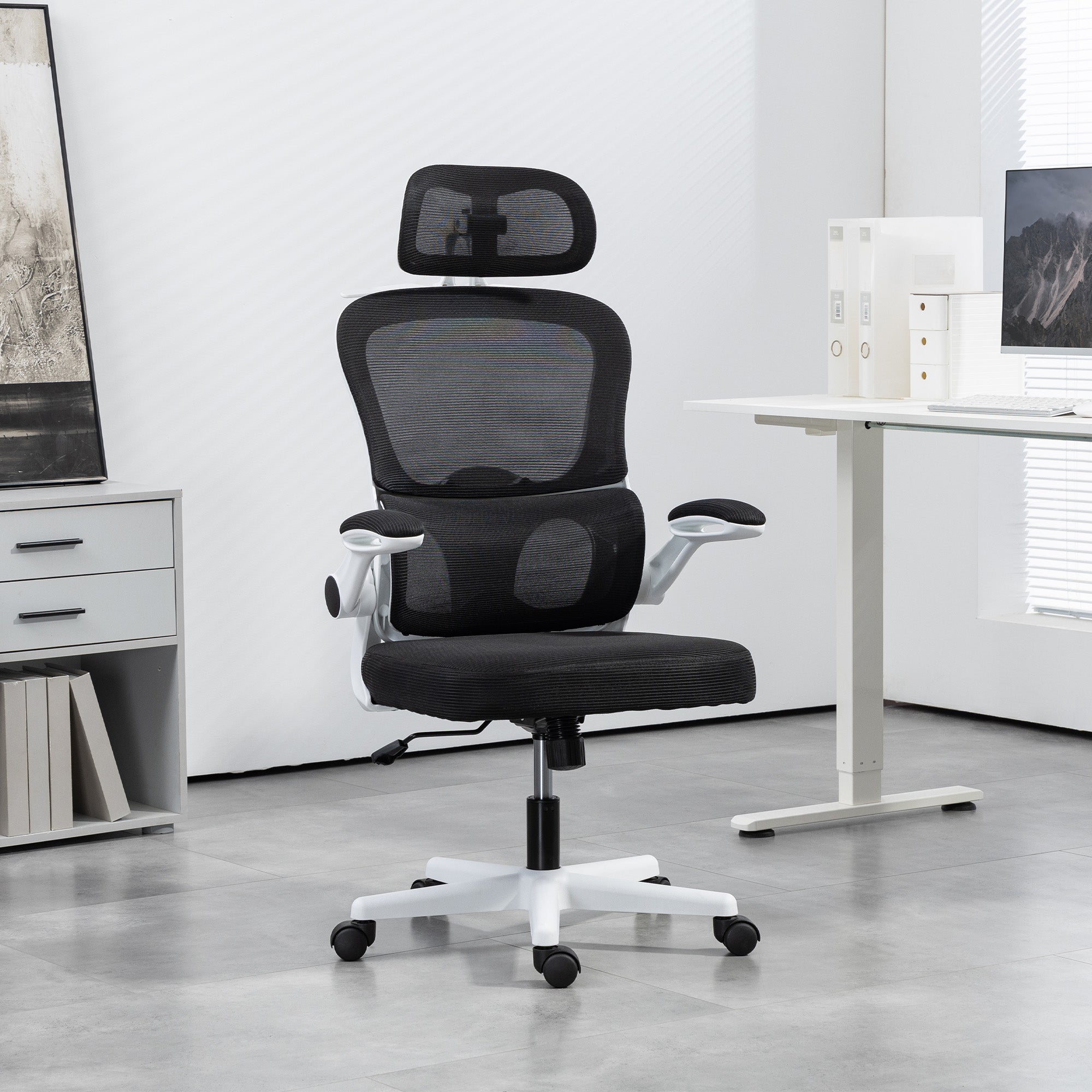 Mesh Office Chair, Ergonomic Desk Chair with Flip-up Armrest, Rotatable Headrest, Adjustable Lumbar Support, Black Office Chairs at Gallery Canada