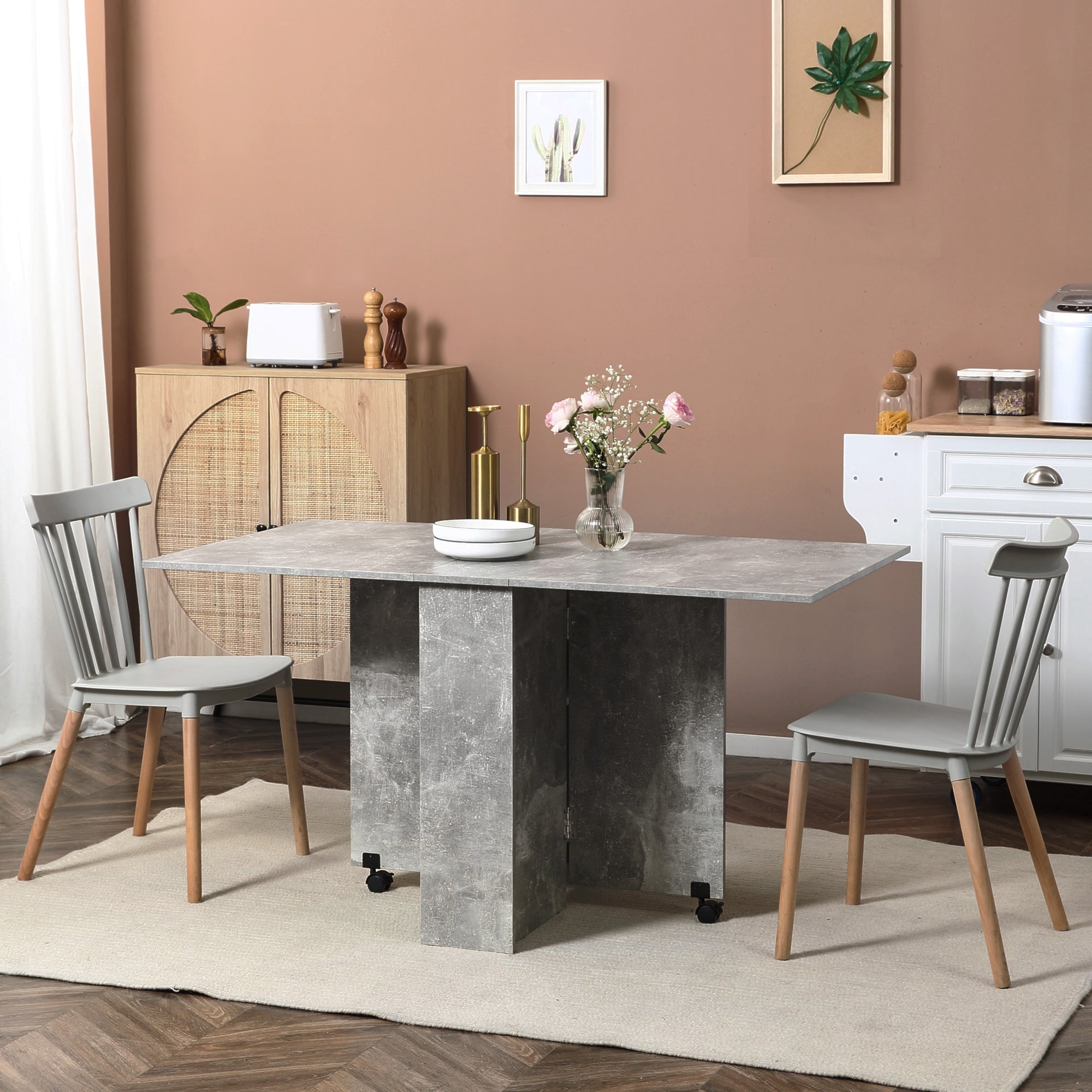 Extendable Dining Table, Collapsible Folding Table w/ 2-tier Shelves and Rolling Casters, Grey Bar Tables & Dining Tables at Gallery Canada