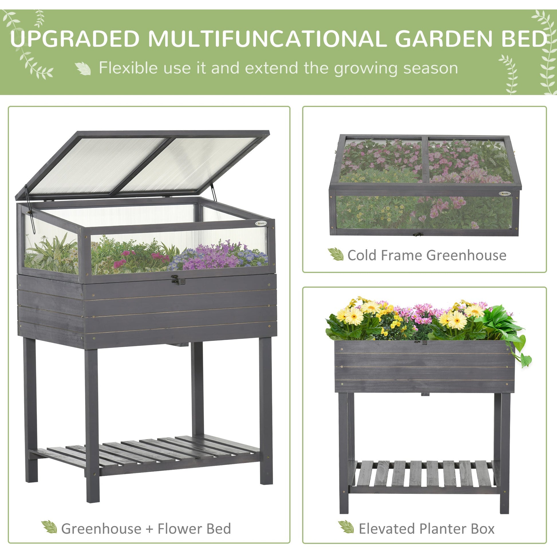 2-Tier Raised Garden Bed with Cold Frame, Grow Grids, Shelf for Herbs, Grey Cold Frame Greenhouses   at Gallery Canada