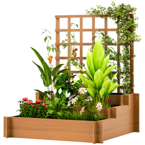 Wooden Elevated Planter Box with Trellis for Climbing Plants, 3 Tier Raised Garden Bed for Garden, Outdoor, Brown