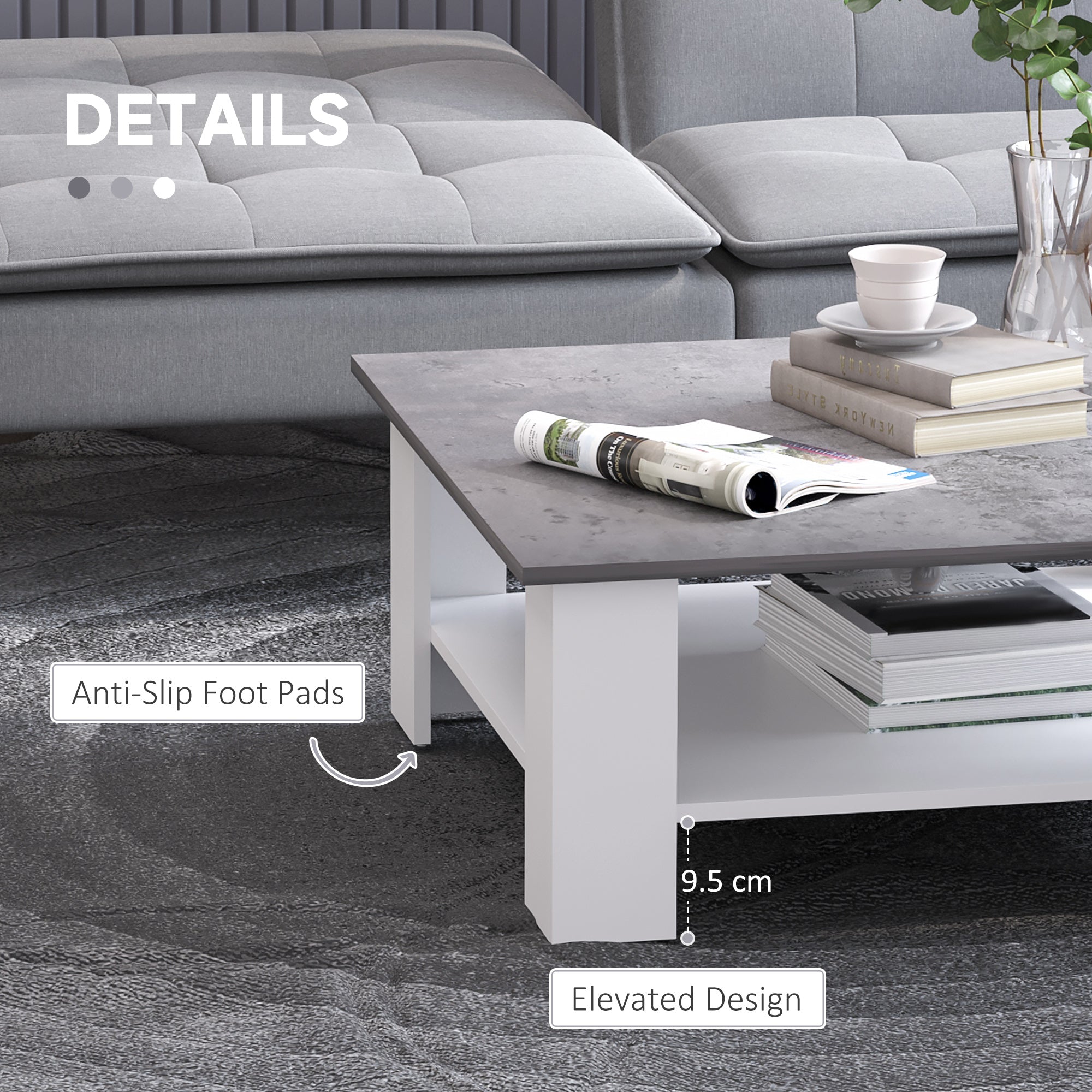 Square Coffee Table with Storage Shelf and Cement-like Tabletop for Living Room, White Coffee Tables   at Gallery Canada