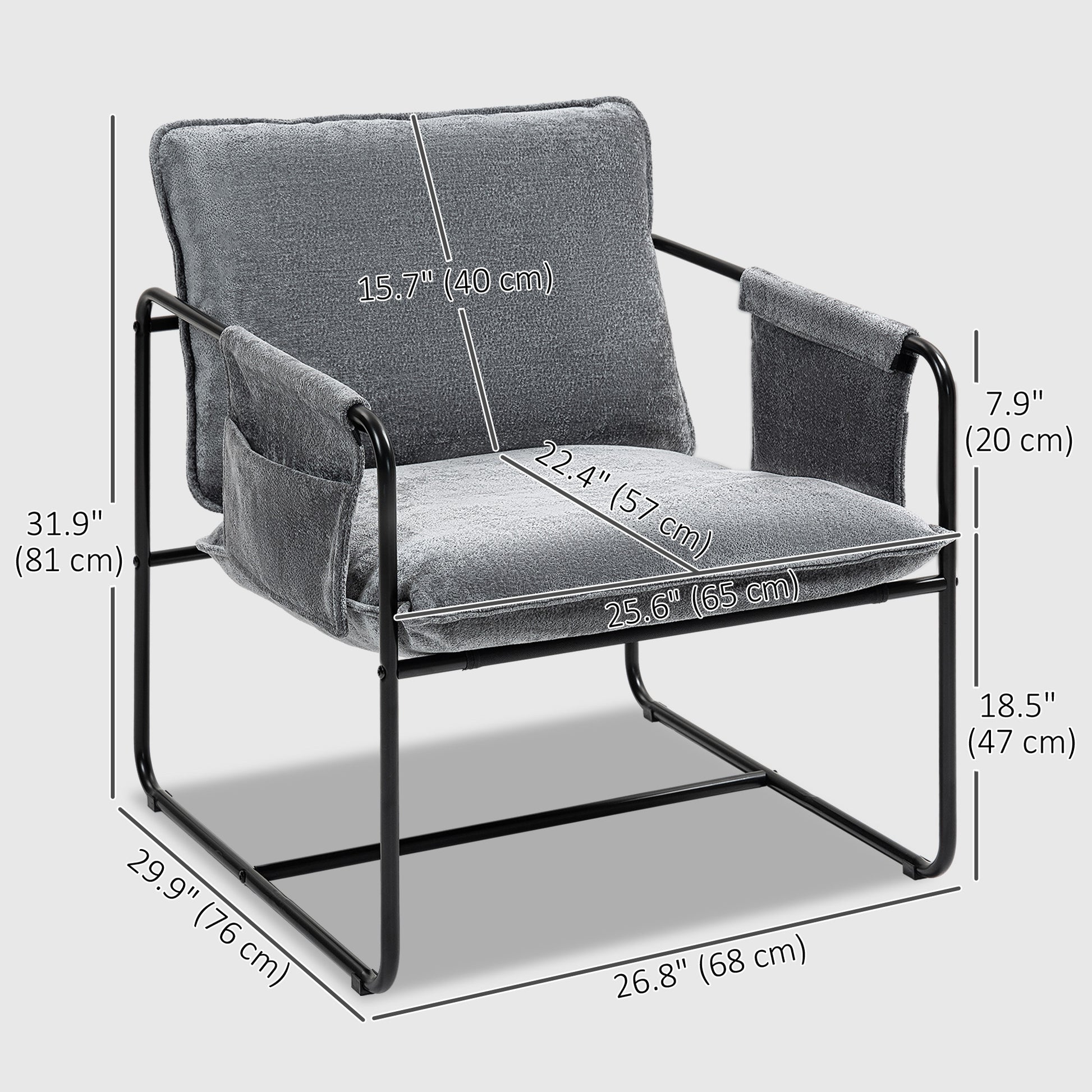 Modern Accent Chair, Upholstered Armchair with Side Pockets and Steel Frame, Comfy Reading Chair for Bedroom, Grey Accent Chairs at Gallery Canada