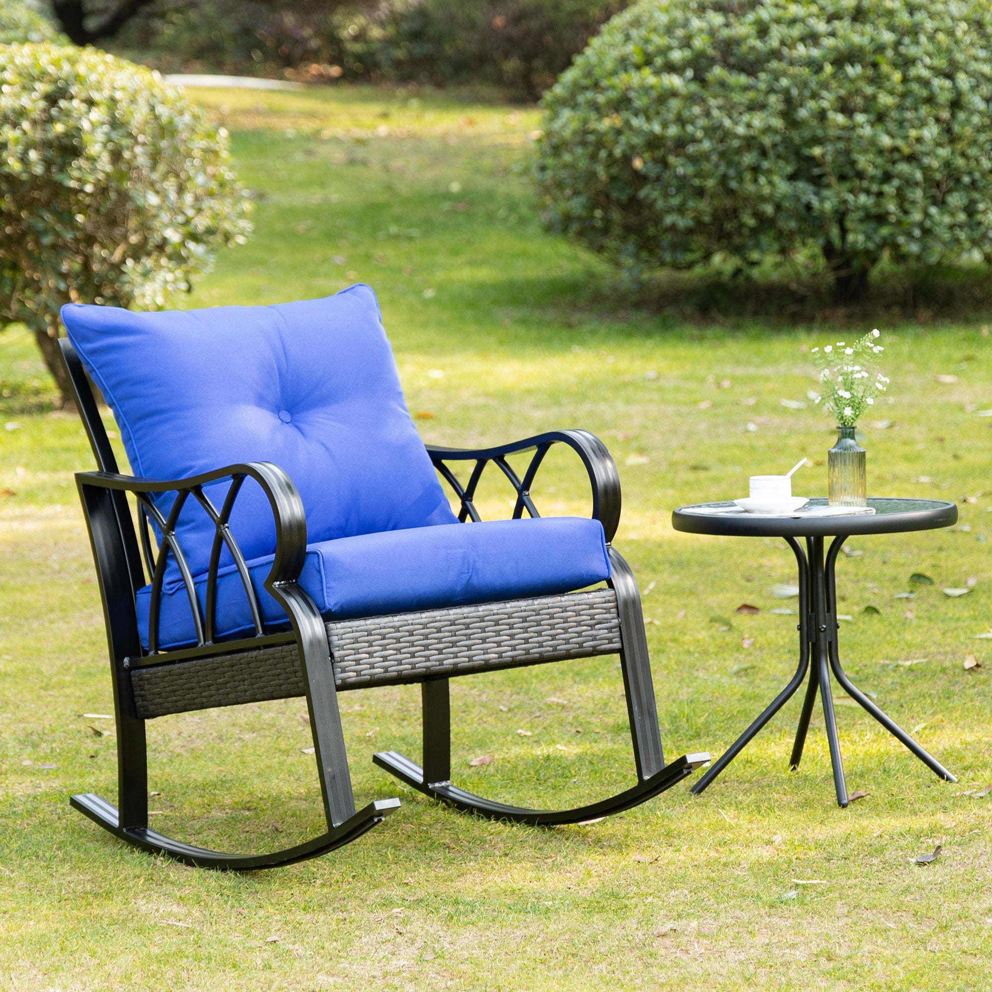 Outdoor Wicker Rocking Chair with Padded Cushions for Garden, Patio, and Backyard, Blue Patio Chairs   at Gallery Canada