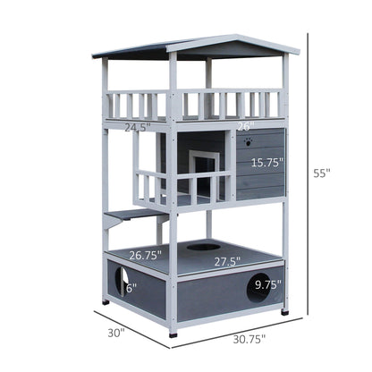 4-Floor Wood Outdoor Cat House Catio for Cats with Condo, Fun Entrances, Perch, Grey Cat Houses   at Gallery Canada