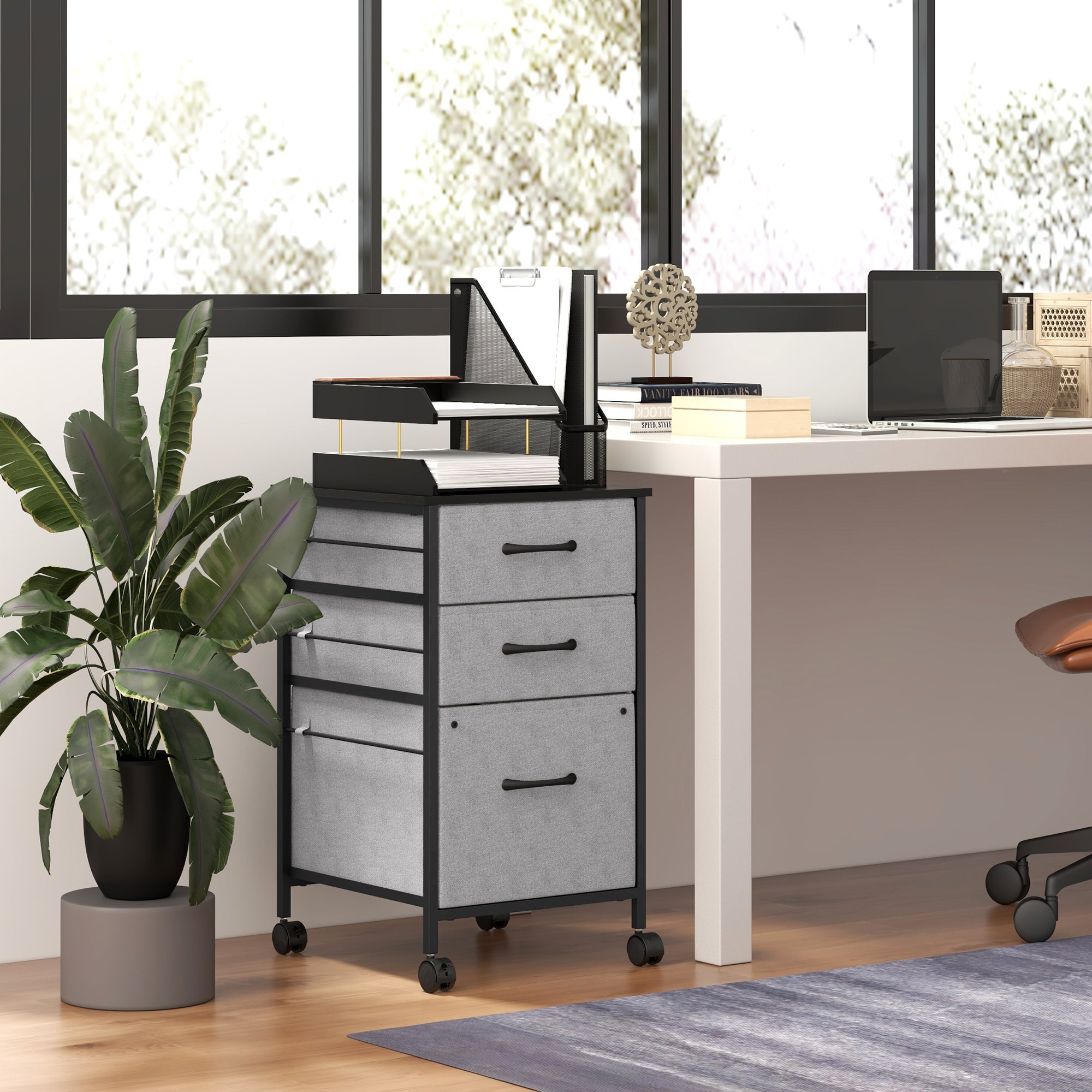 Vertical Filing Cabinet, Mobile File Cabinet with 3 Non-woven Fabric Drawers, Hanging Bars for Letter Size, Industrial Printer Stand for Home Office, Dark Grey Office Cabinets & Cupboards at Gallery Canada