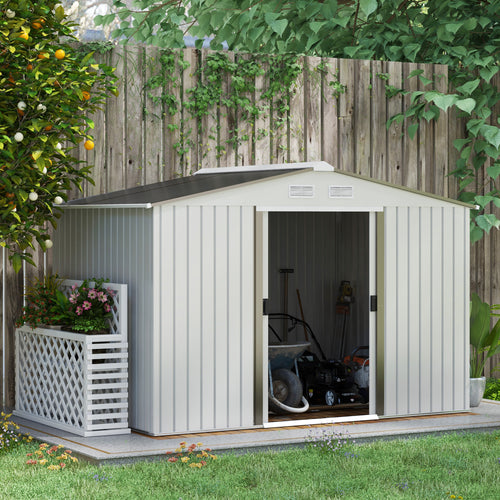 9.1' x 6.4' x 6.3' Garden Storage Shed w/ Foundation Kit Metal Tool Storage House w/ Double Doors Silver