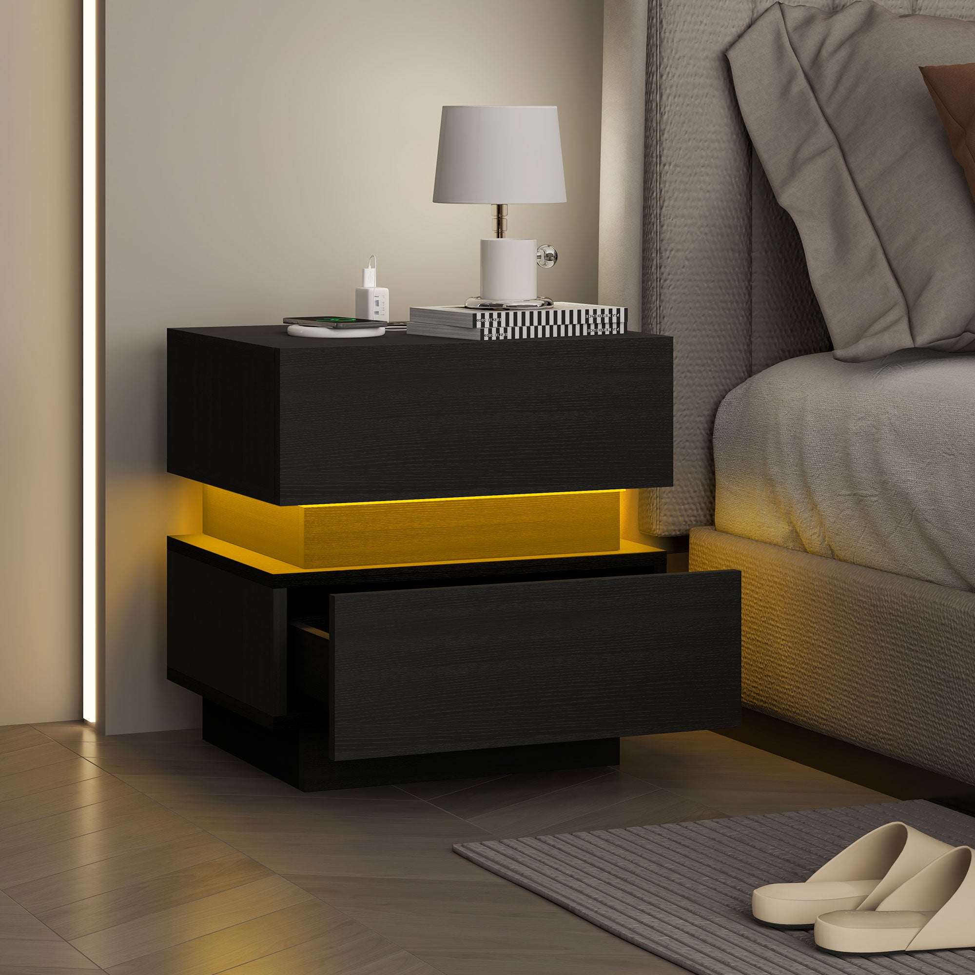 Bedside Table with Charging Station and LED Light Modern Nightstand with USB Ports AC Outlets Drawers Remote, Black Bedside Tables   at Gallery Canada