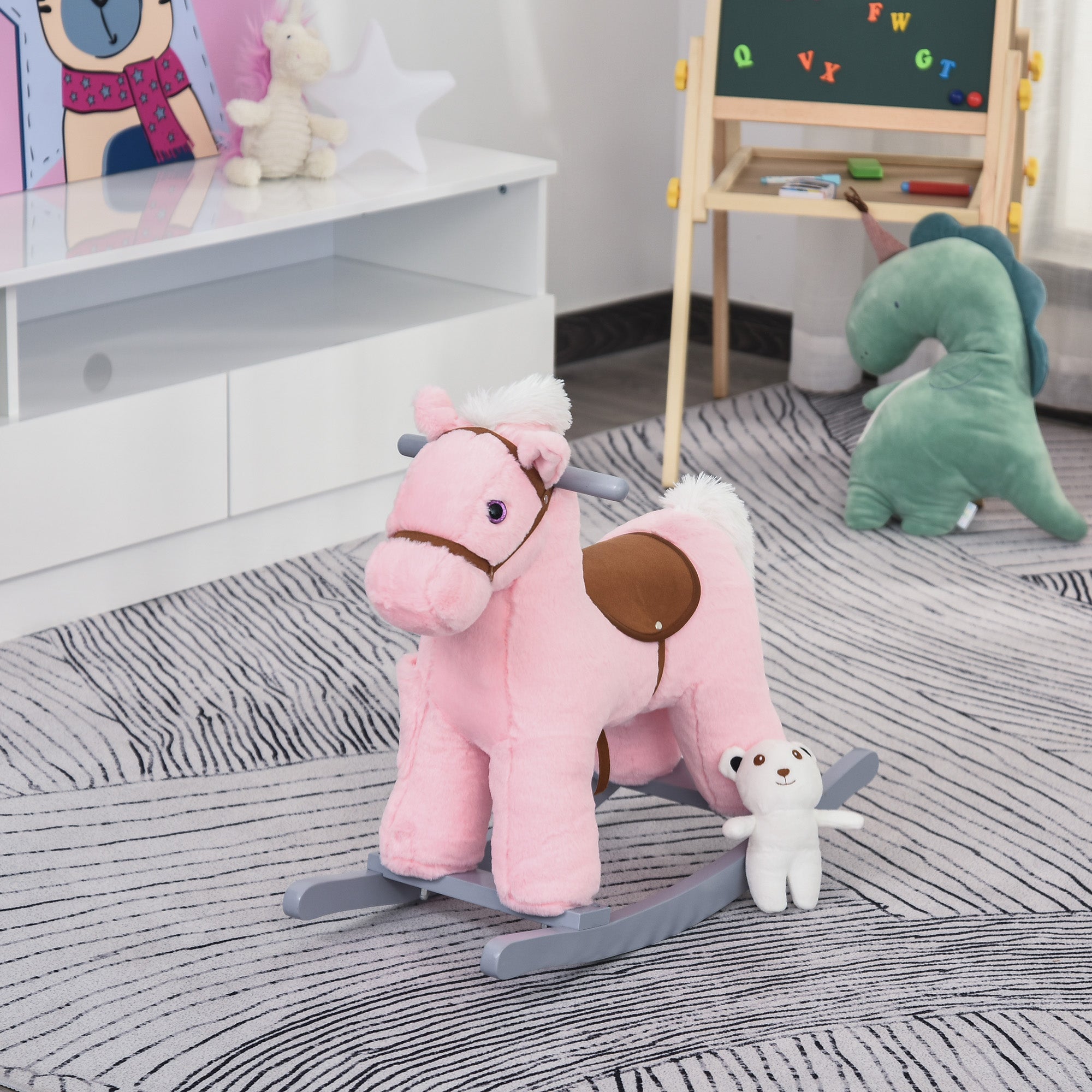 Kids Plush Ride-On Rocking Horse with Bear Toy, Children Chair with Soft Plush Toy &; Fun Realistic Sounds, Pink Rocking Horses at Gallery Canada