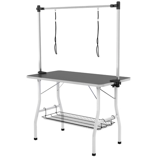 Foldable Dog Grooming Table with Adjustable Grooming Arms, Storage Shelf, Two Nooses, 42