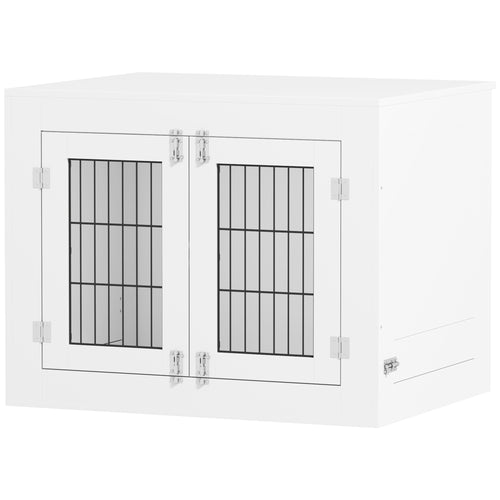 Dog Crate Furniture with 360° Rotatable Removable Dog Bowls, Two Doors, for Medium Dogs, 31.5