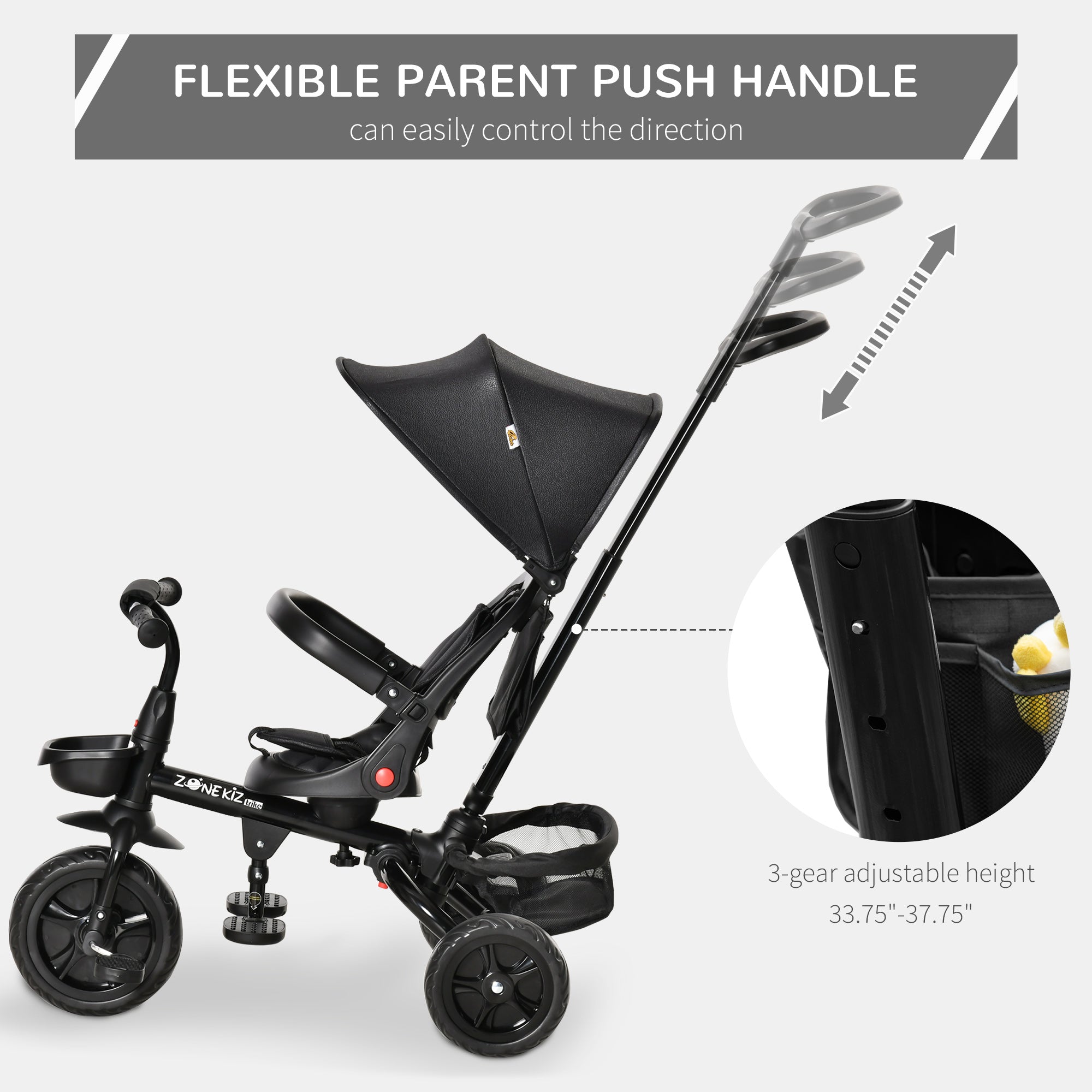 4-in-1 Baby Tricycle with Adjustable Seat, Handle, Canopy, Storage, Black Tricycles for Kids   at Gallery Canada