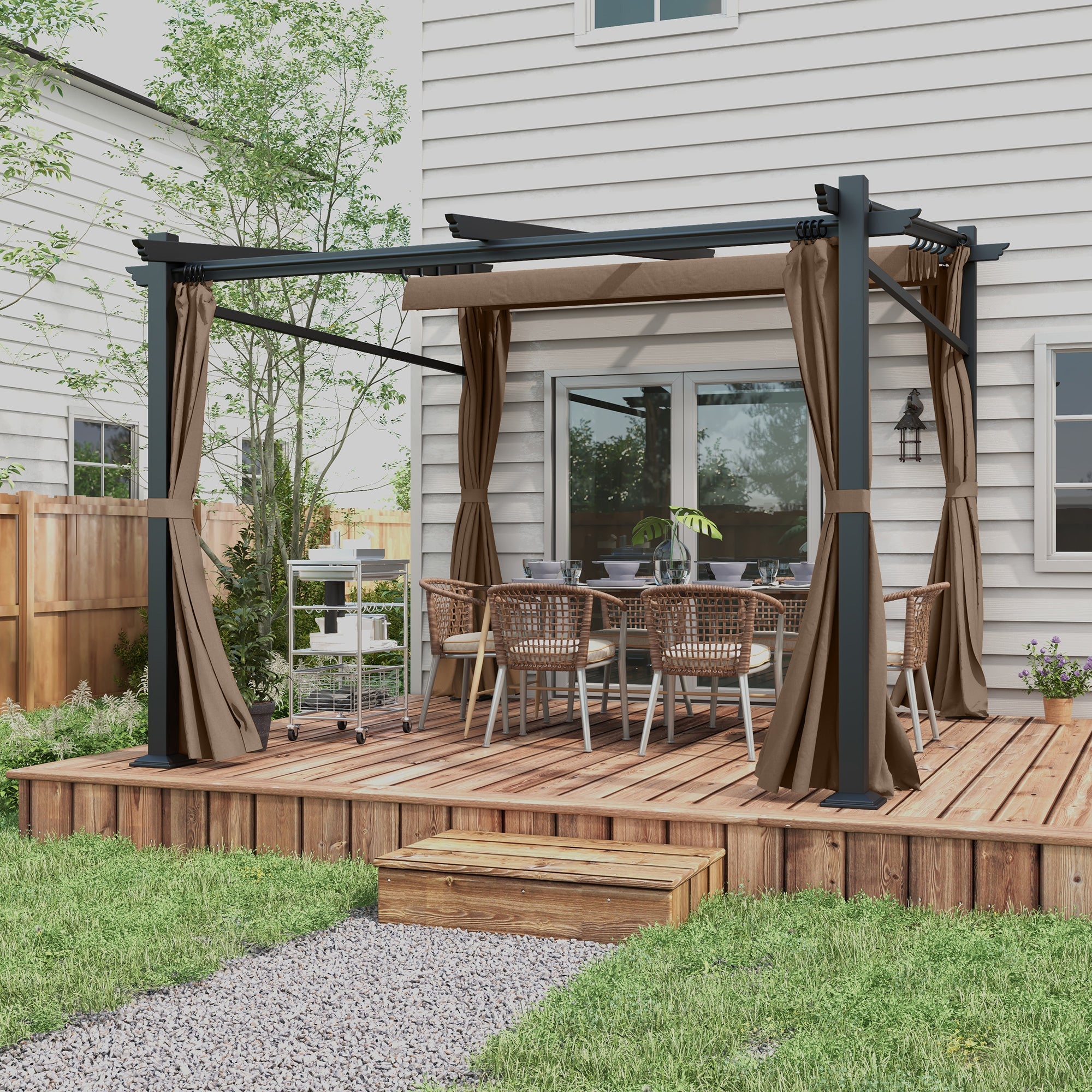 Metal Pergola with Sliding Roof Canopy, Retractable Pergola Canopy, 10' x 10', Coffee Pergolas at Gallery Canada