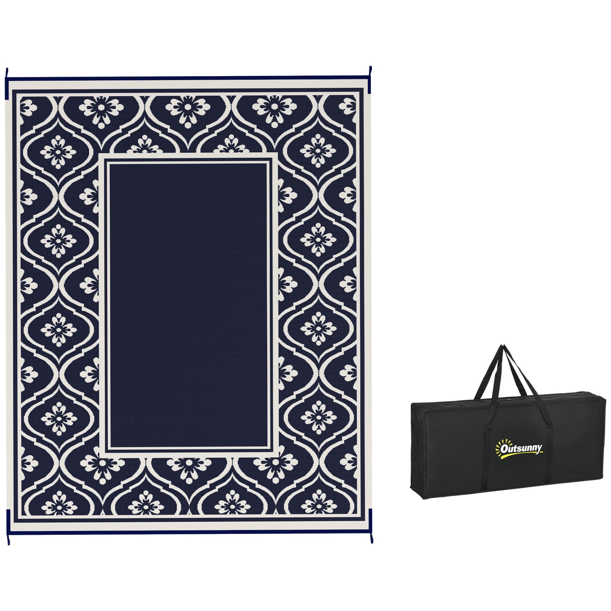 8' x 10' Outdoor RV Rug, Reversible Patio Floor Mat with Carry Bag, Gourd Border, Blue and White Garden Decor at Gallery Canada