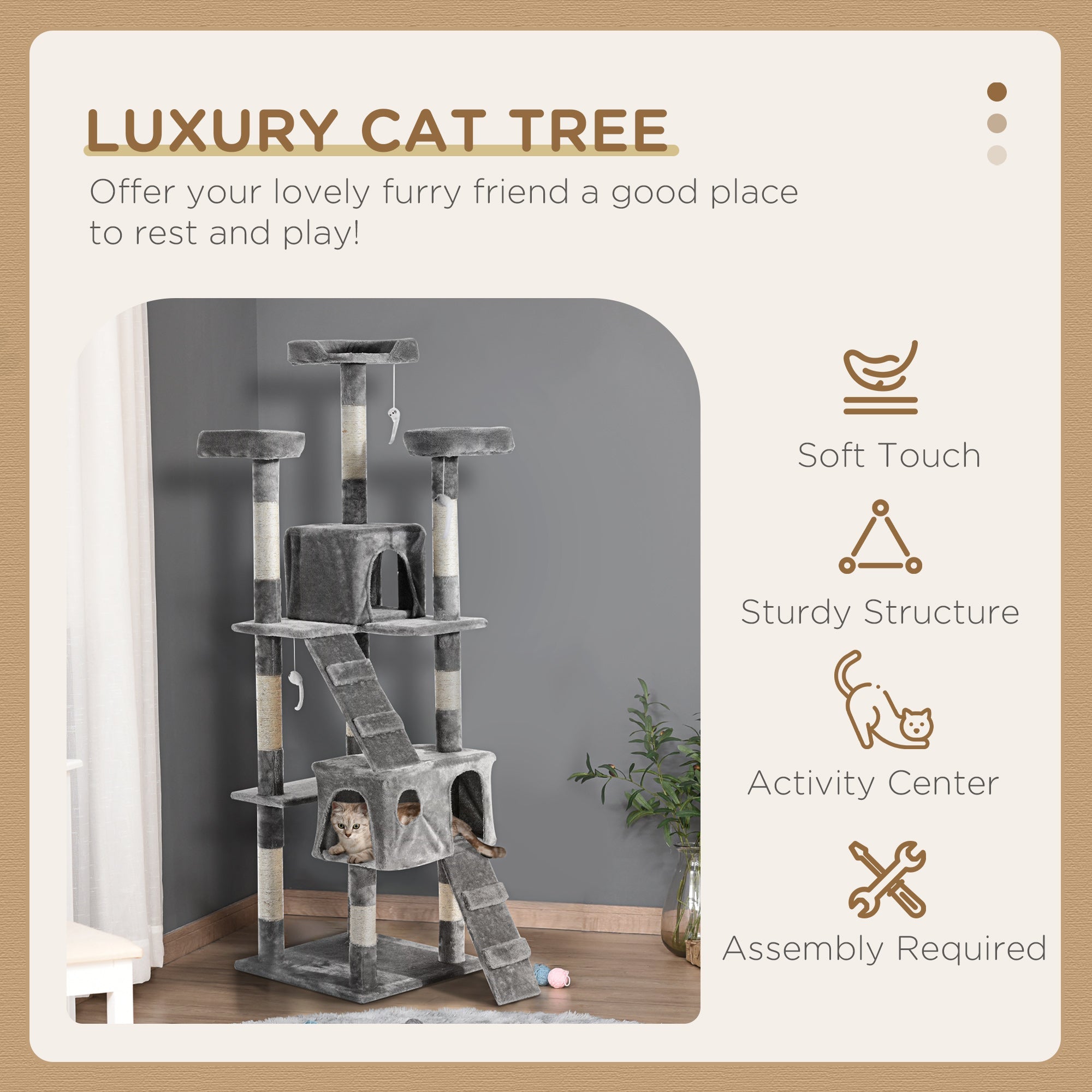 67-inch Multi-Level Cat Scratching Tree Kitty Activity Center Post Tower Condo Pet Furniture w/ Toy Grey Cat Towers   at Gallery Canada