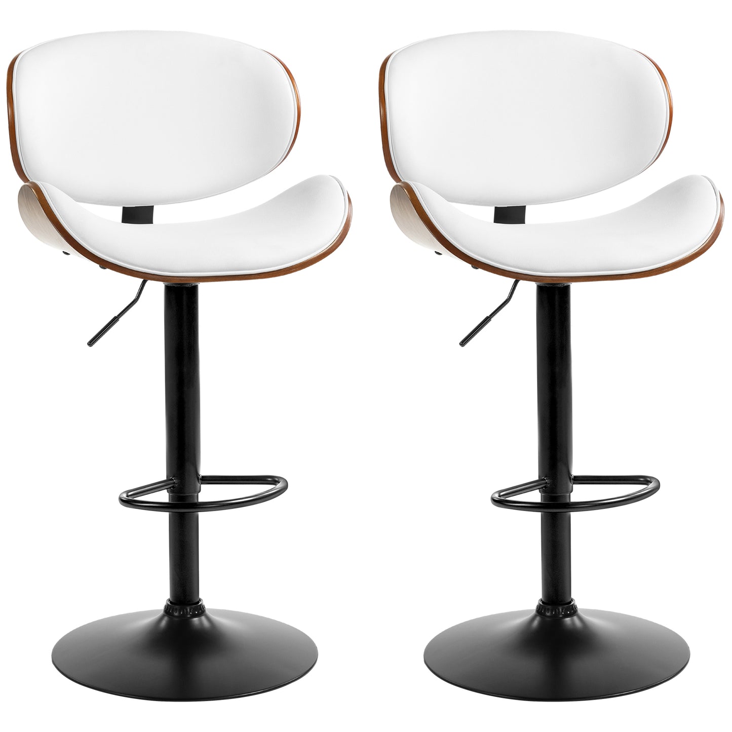 Bar Stools Set of 2, Modern PU Leather Adjustable Swivel Barstools with Curved Back, Footrest and Steel Base, White Bar Stools   at Gallery Canada