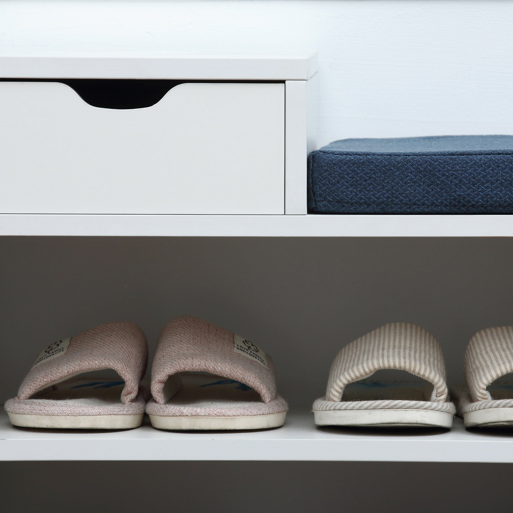 Shoe Bench with Storage, Modern Upholstered Entryway Bench with Open Shelves and Drawer for Living Room, Hallway, White Shoe Storage Cabinets & Racks   at Gallery Canada